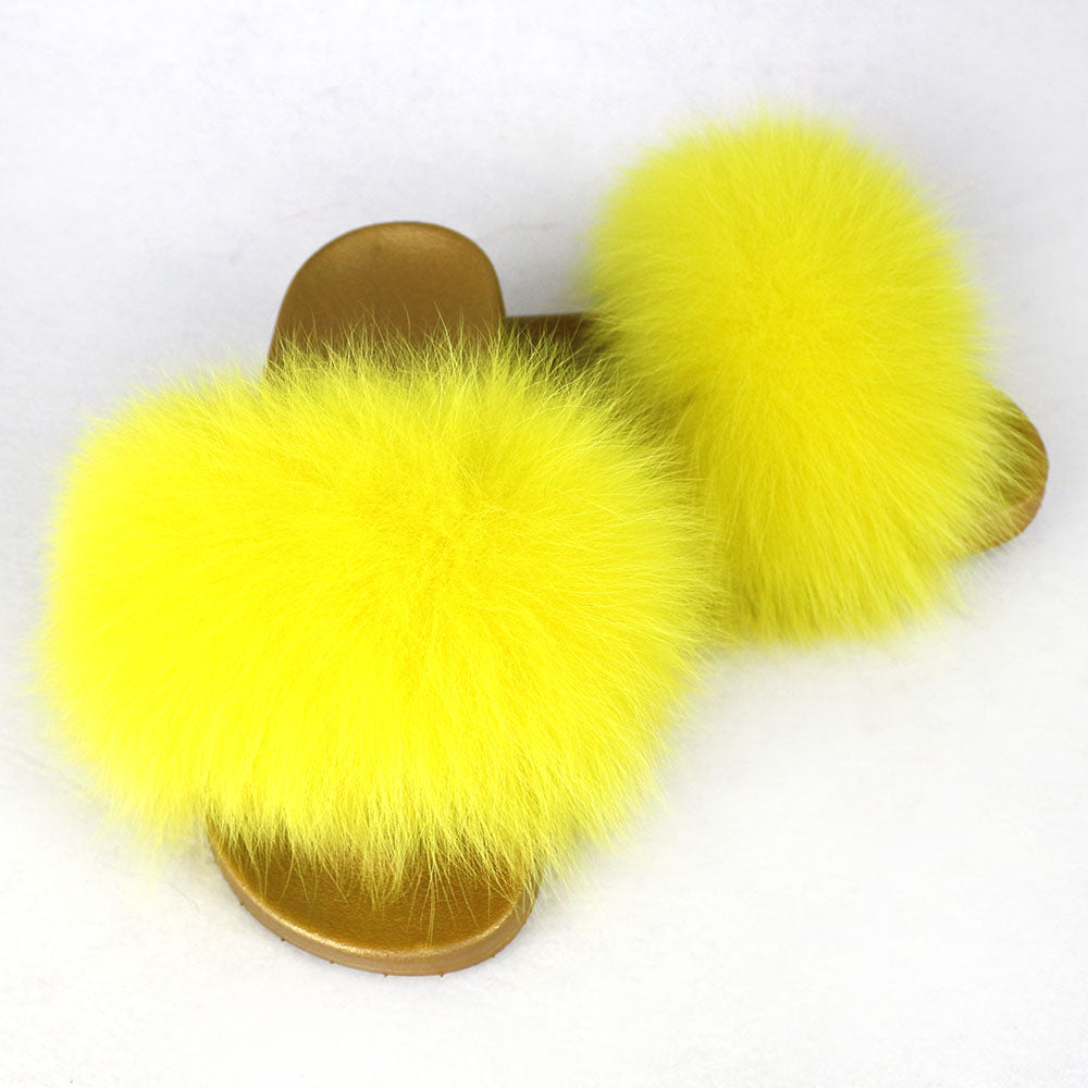 Janefur Wholesale Women's Fashion Slippers With Real Fox Fur Trim (Black, Gold, Silver Soles)