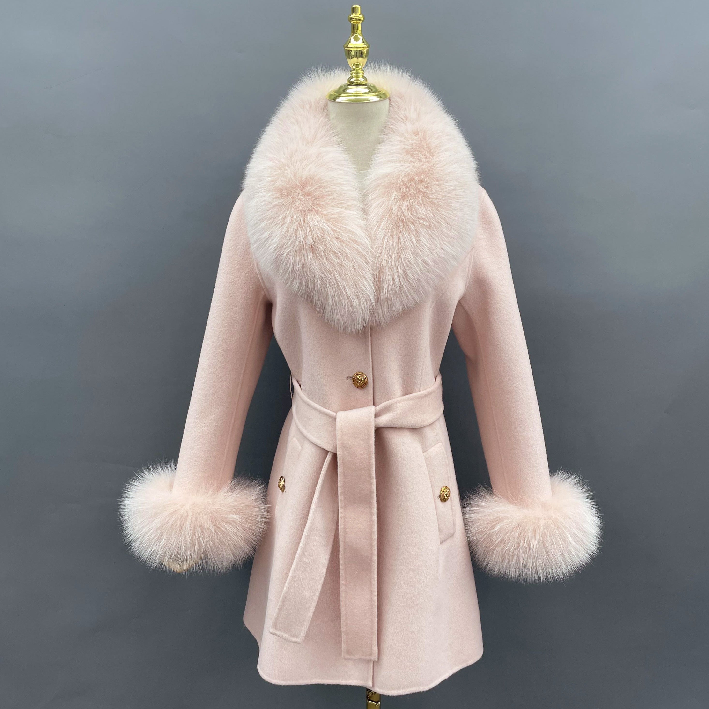 Women's Red Wool Belted Coat with Fox Fur Collar and Cuffs Trim, Elegant Long Winter Jacket for Casual Outfits 8#Dusty Pink