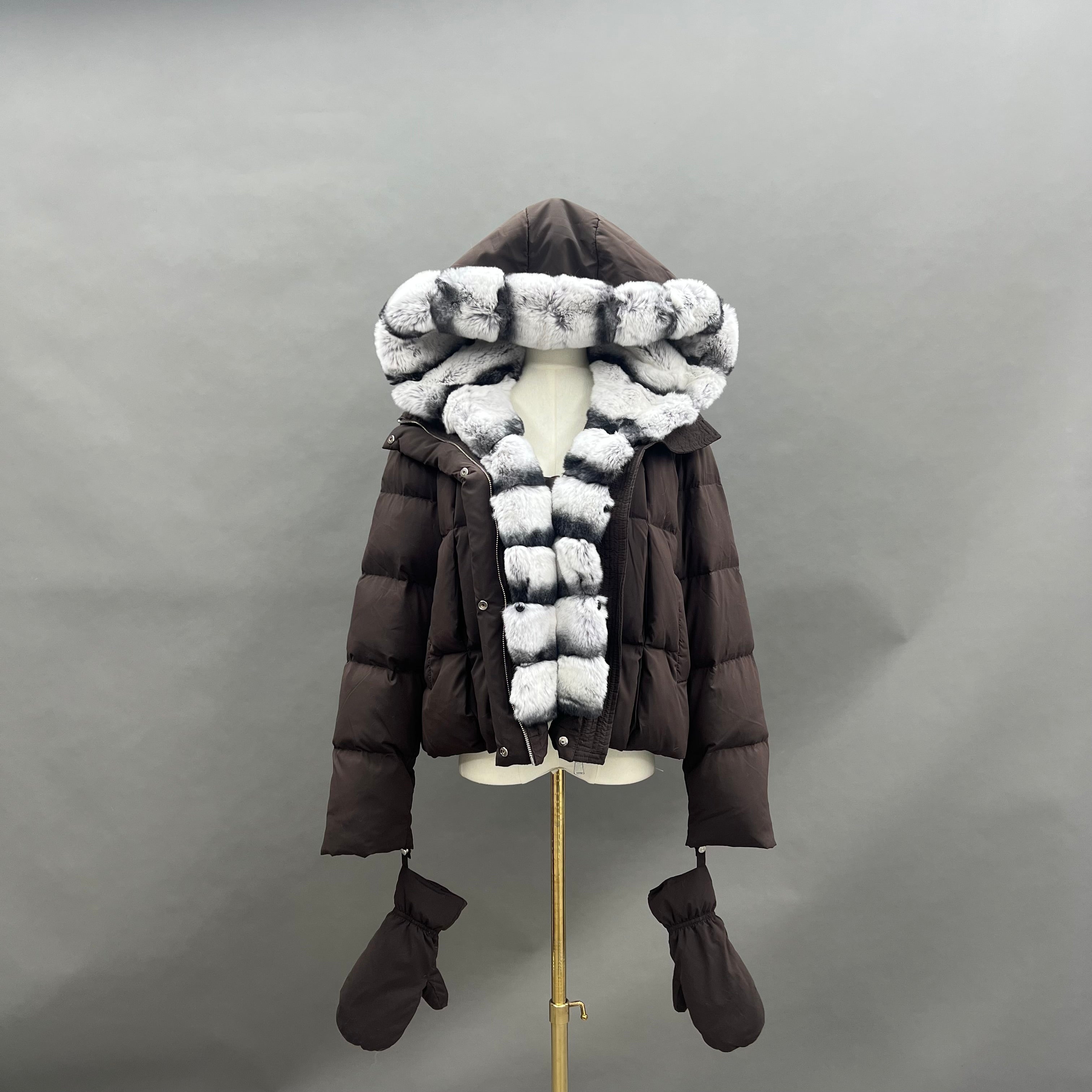 Women’s Beige Down Jacket with Real Rabbit Fur Hood – Detachable Mittens Winter Coat for Warm & Stylish Fashion 7#Brown