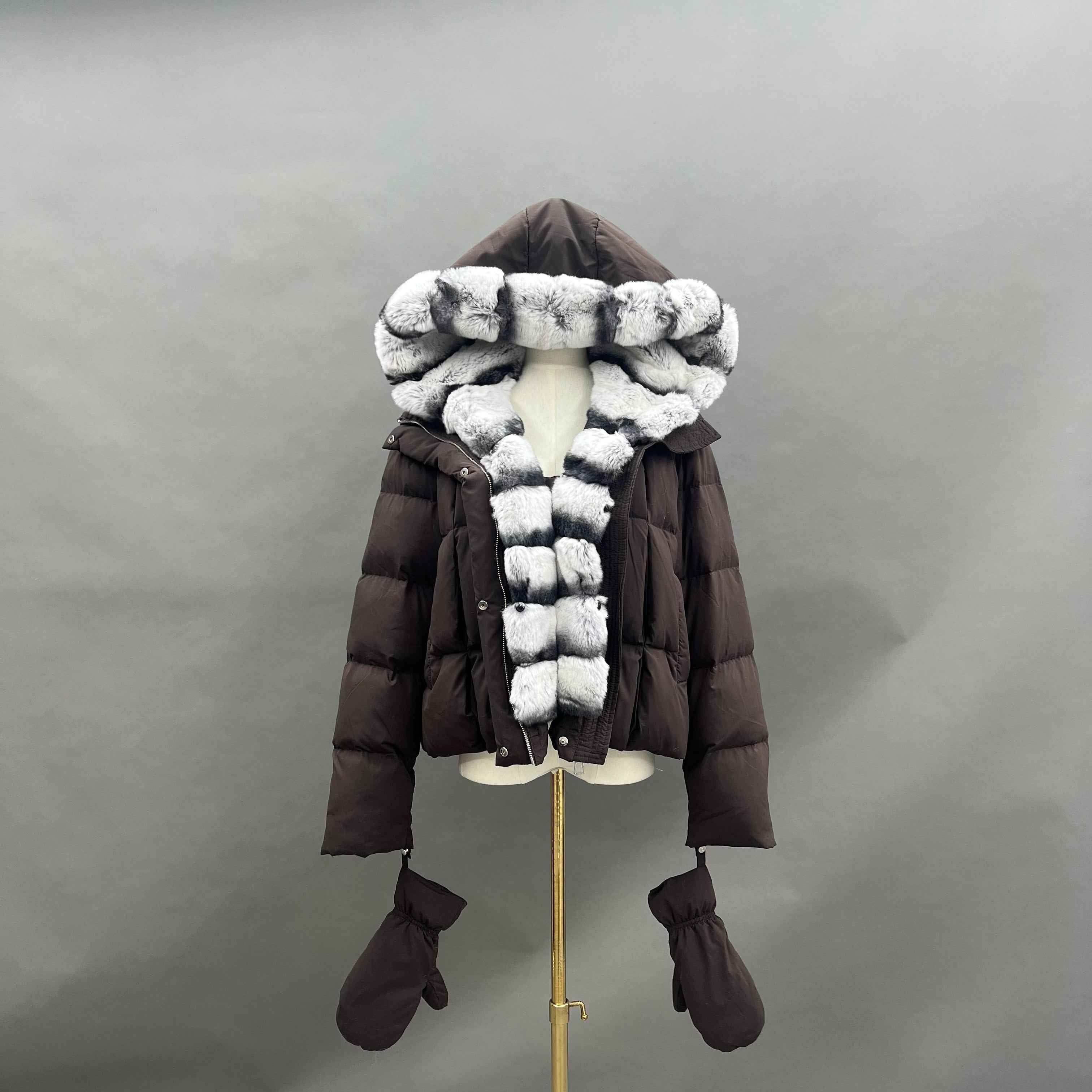 Women's Down Jacket with Removable Rabbit Fur Lined Hood & Front, Detachable Gloves Included