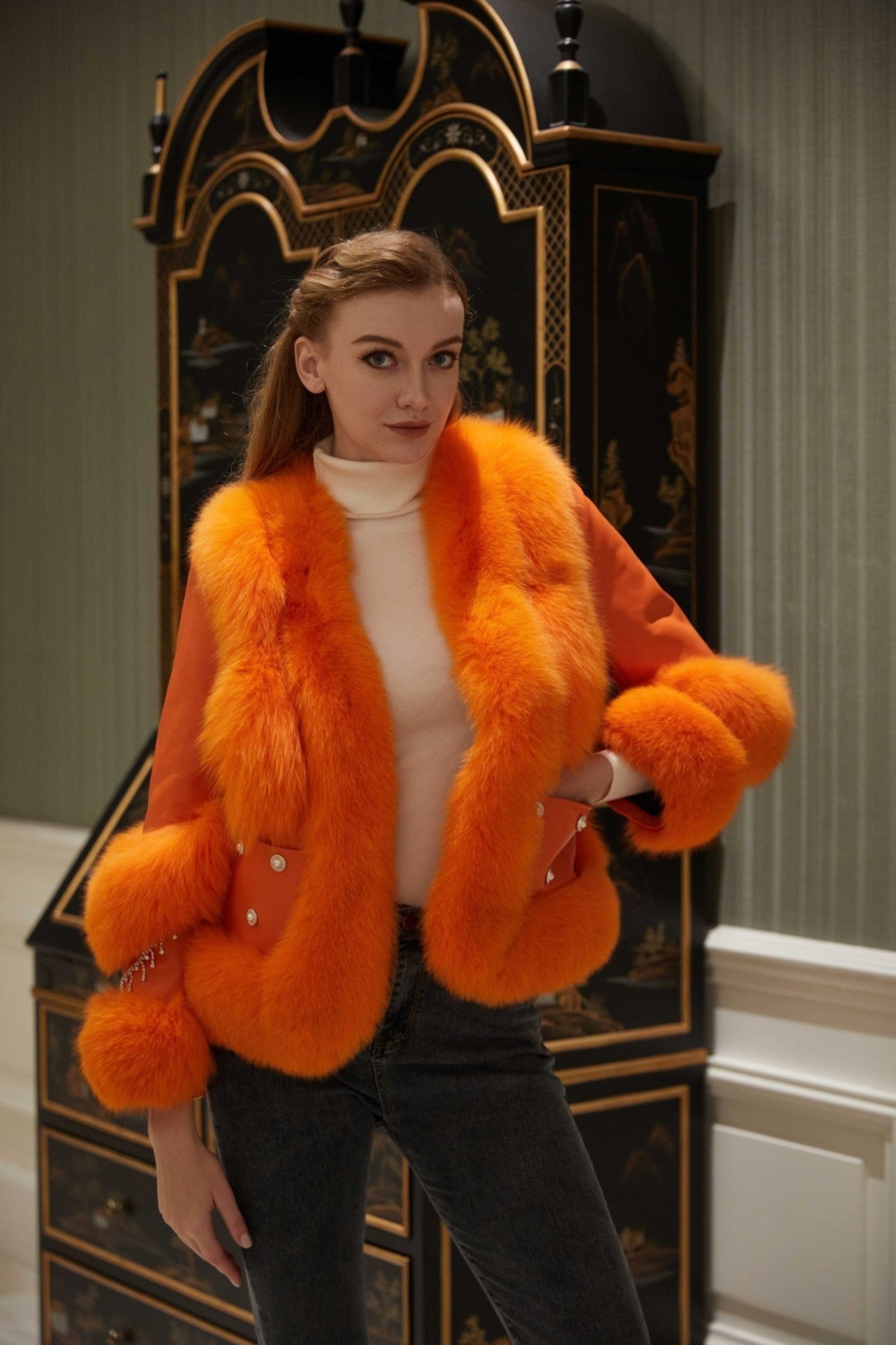 Women's Fox Fur Placket Down Jacket With Pearl Embellished Pockets - Janefur