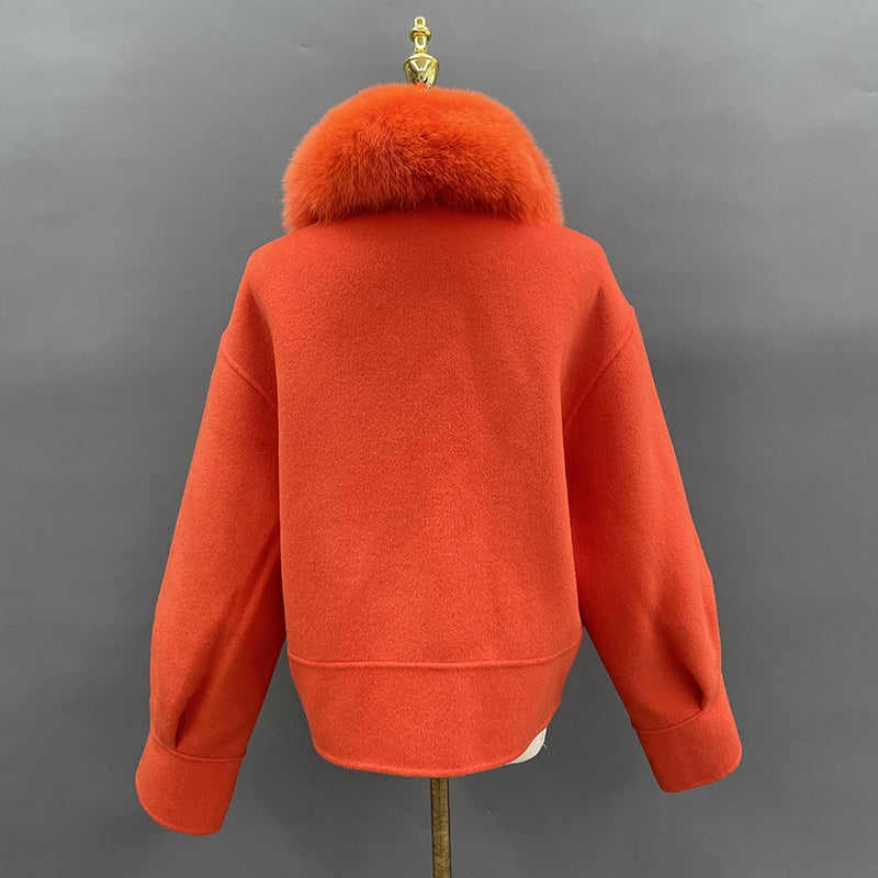 Women's Short Fox Fur Lapel Buckle Fly Casual Cashmere Jacket - Janefur