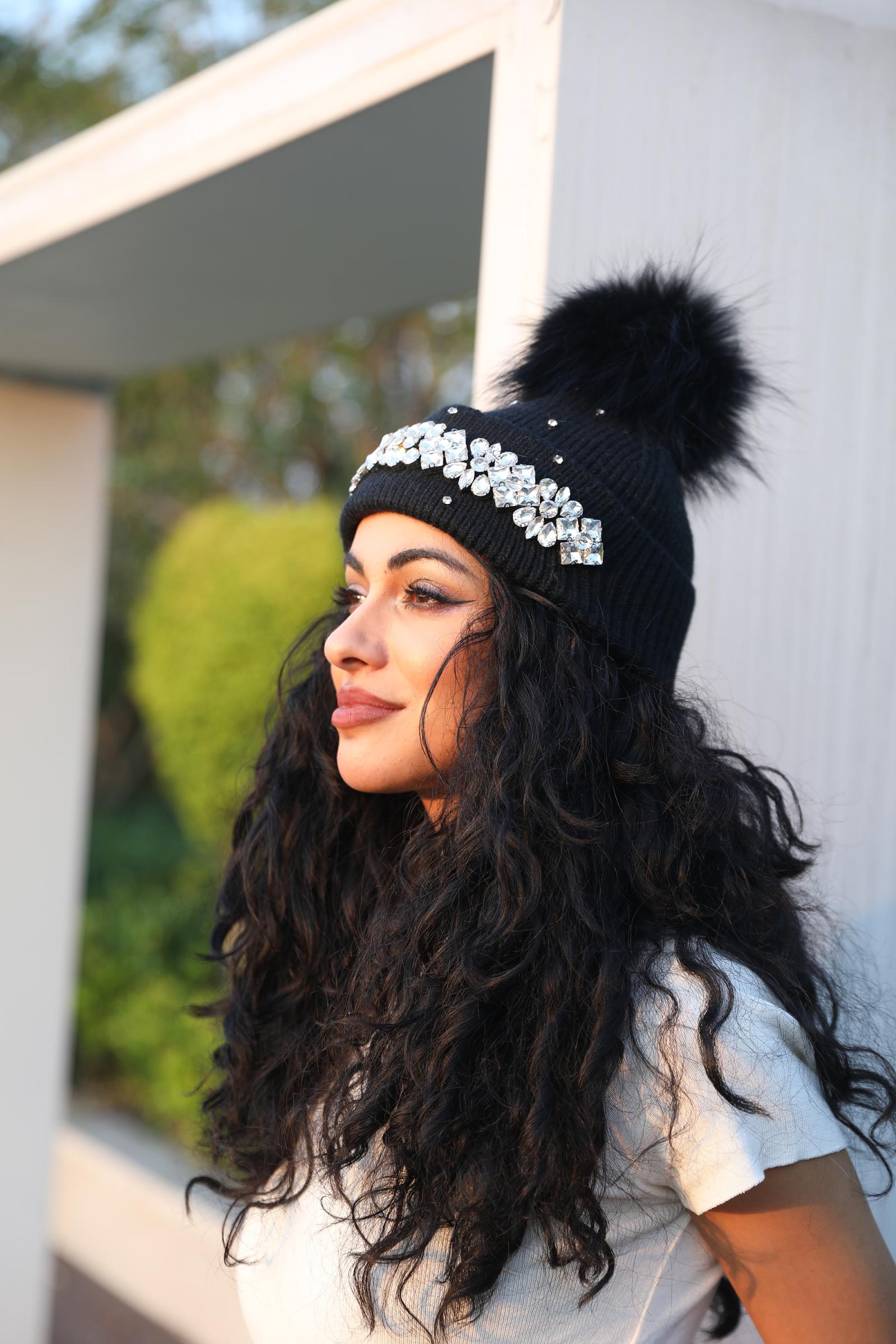 Women's Rabbit Fur Hat with Large Crystal-Studded Pompoms for Casual Wear - Janefur