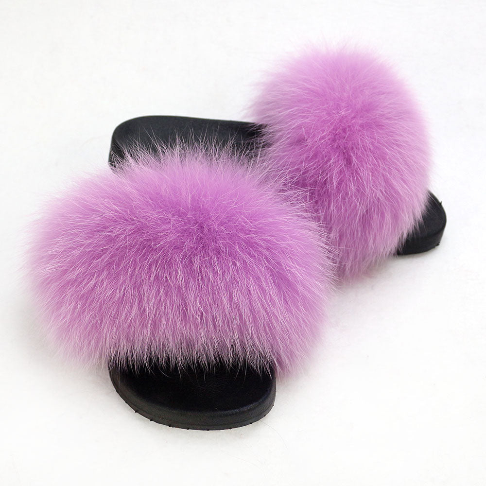 Janefur Wholesale Women's Fashion Slippers With Real Fox Fur Trim (Black, Gold, Silver Soles)