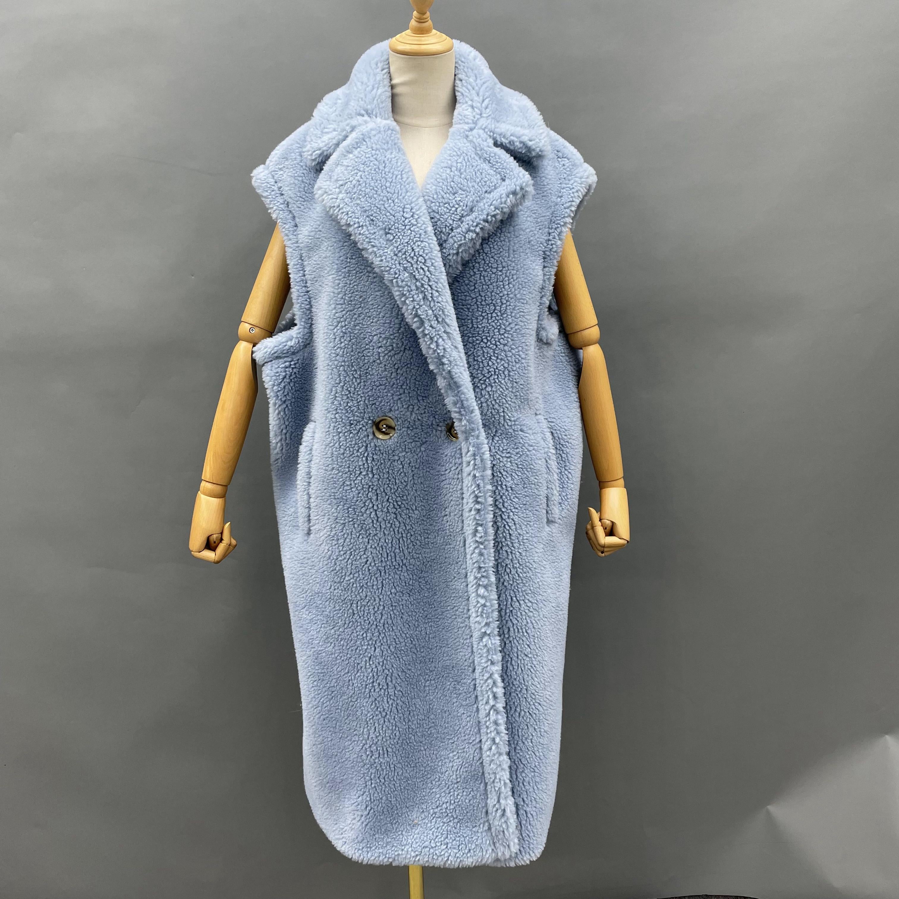 Women's Tan Long Teddy Fleece Vest with Double-Breasted Notched Lapel - Stylish Winter Outerwear