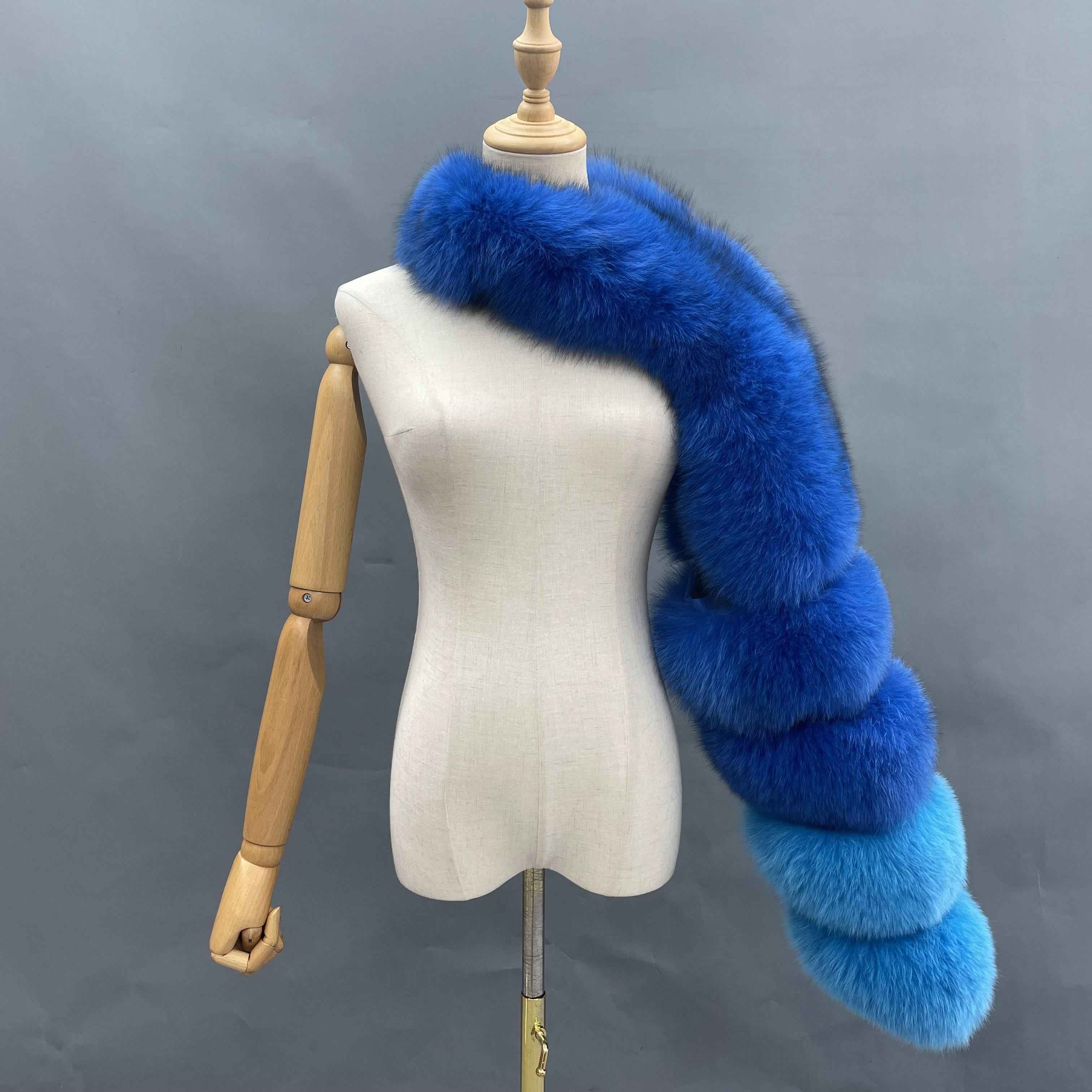 Women's Real Fox Fur Arm Warmers, Luxury Fur Sleeve Cuffs for Winter Fashion Accessories 19#Double Blue F