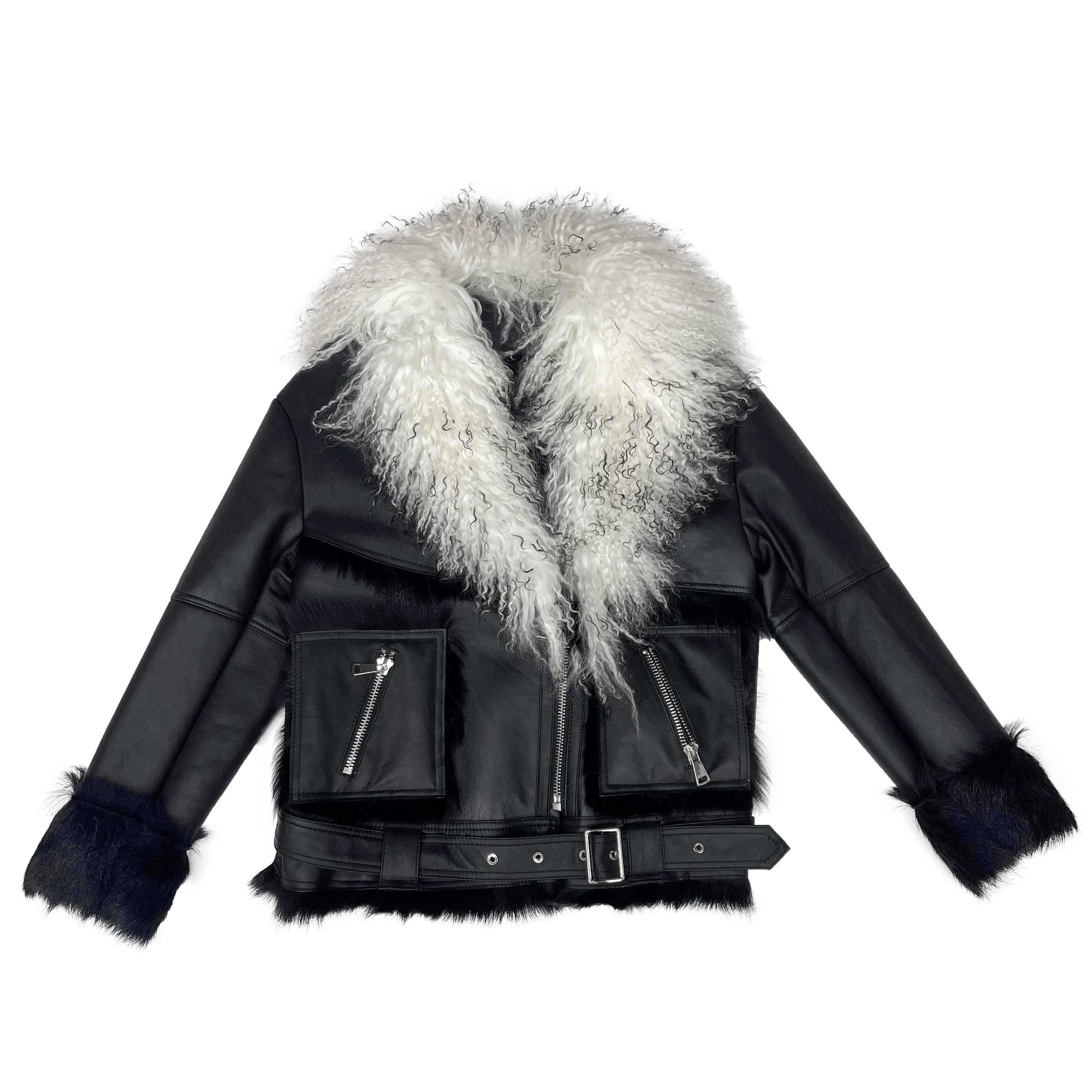 Women's Black Biker-Style Shearling Jacket with Tibetan Lamb Fur Collar, Asymmetric Zipper & Belted Waist - Edgy Winter Outerwear