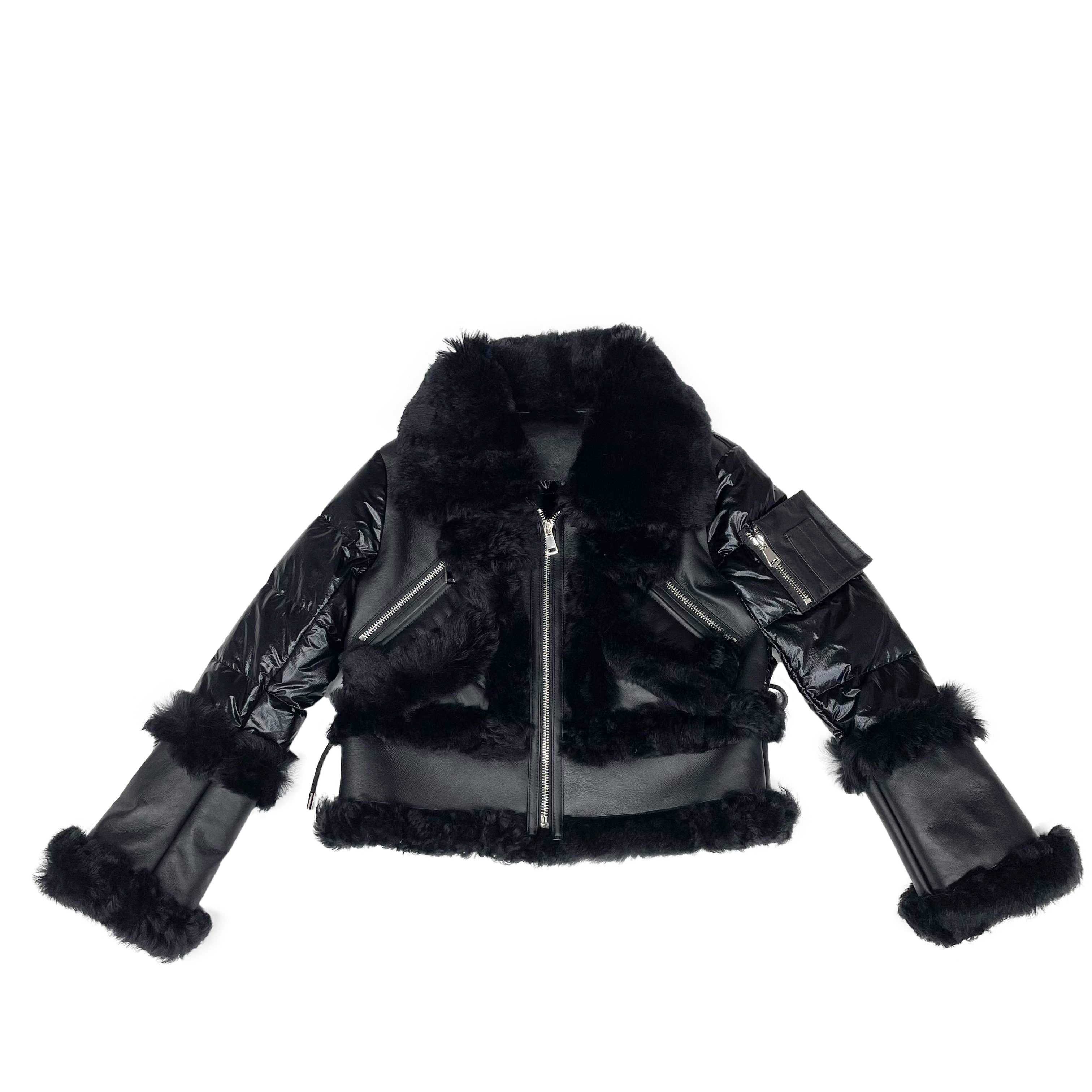 Women's Black Down & Shearling Biker Jacket with Fox Fur Trim - Edgy Winter Outerwear