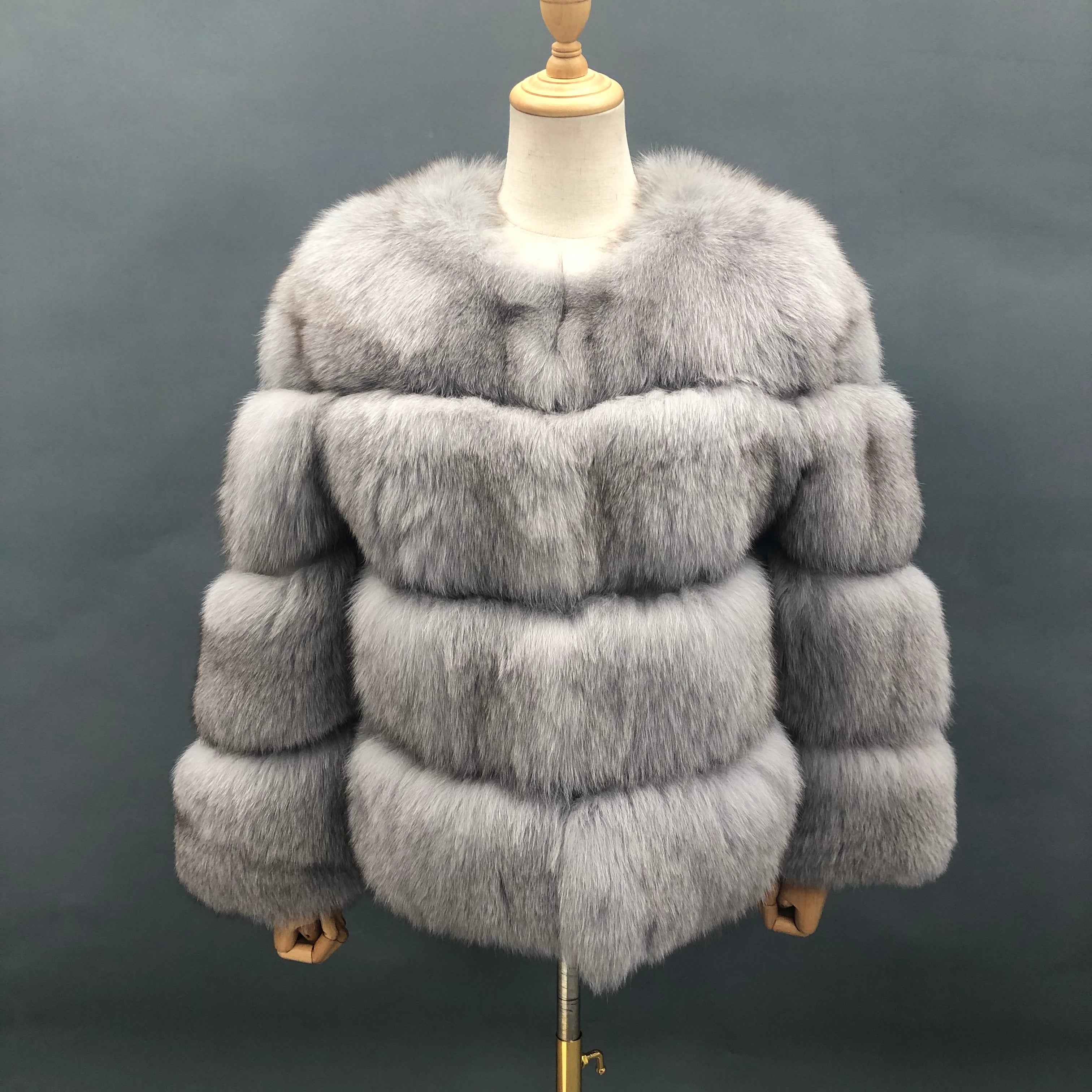 Luxury Fluffy Layered Fox Fur Coat with Round Neck & Short Silhouette Grey CONTACT US TO CUSTOMIZE