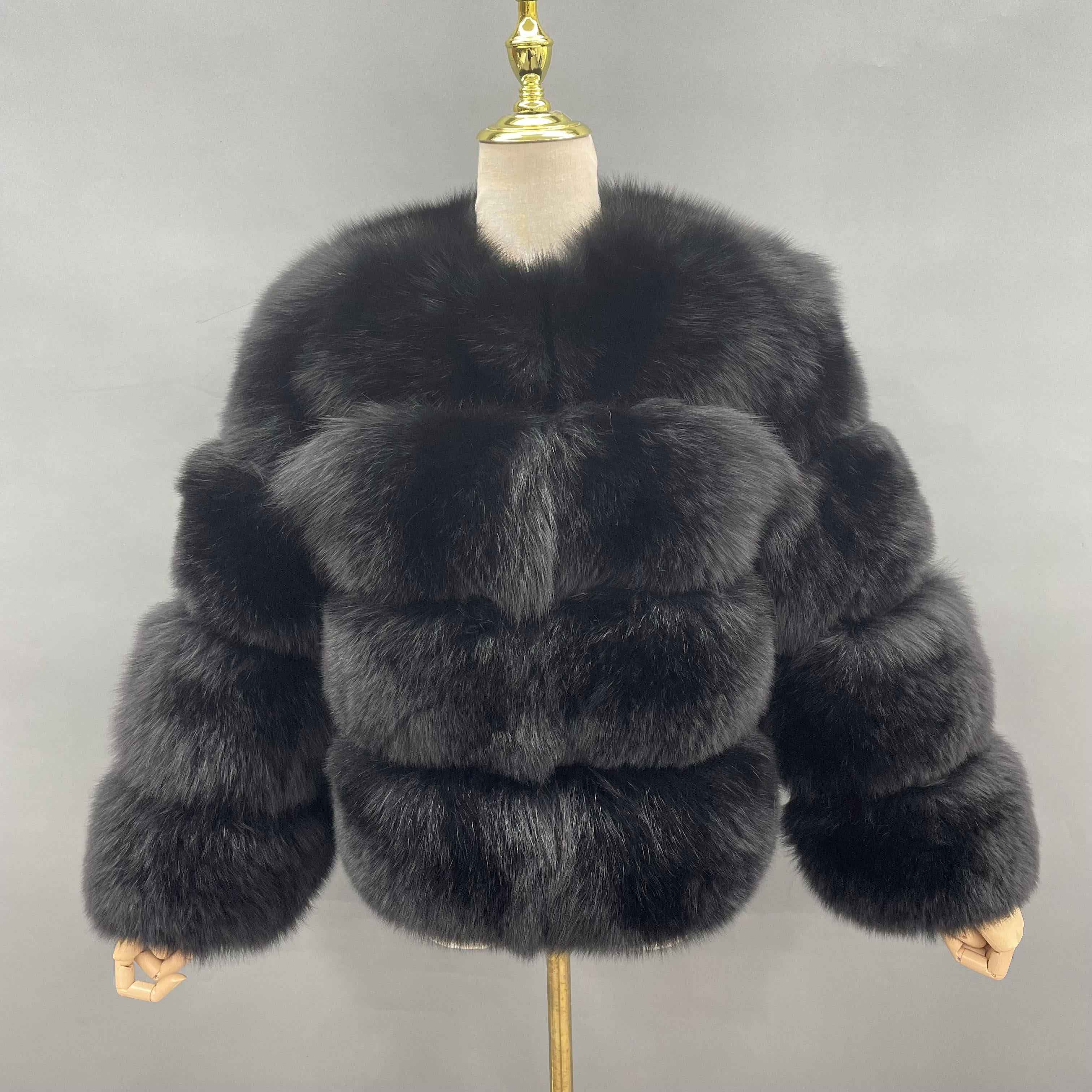 Luxury Fluffy Layered Fox Fur Coat with Round Neck & Short Silhouette Black CONTACT US TO CUSTOMIZE