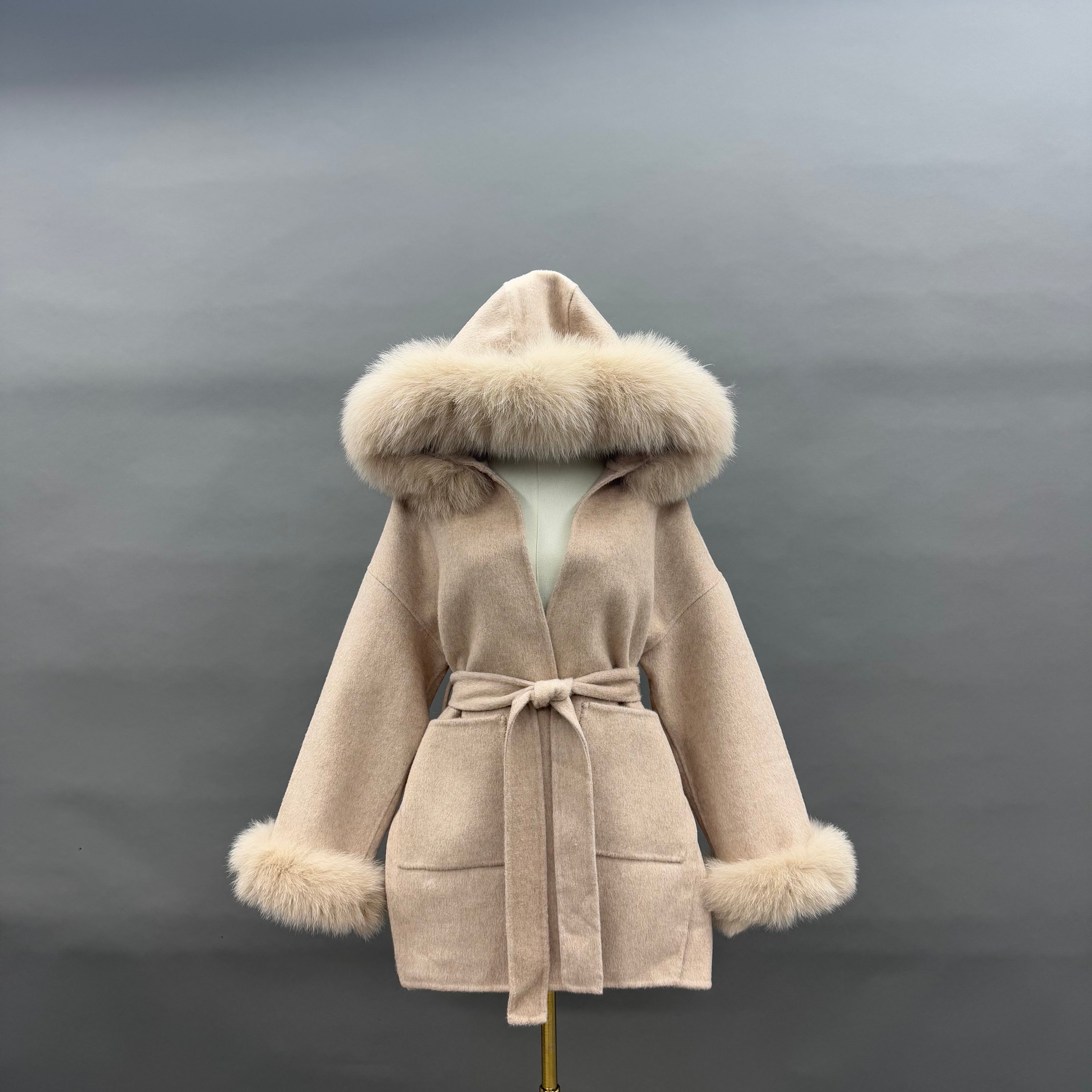 Double - Faced Wool Hooded Coat with Faux Fur Trim on Hood and Cuffs & Tie Waist 4#Oatmeal Beige