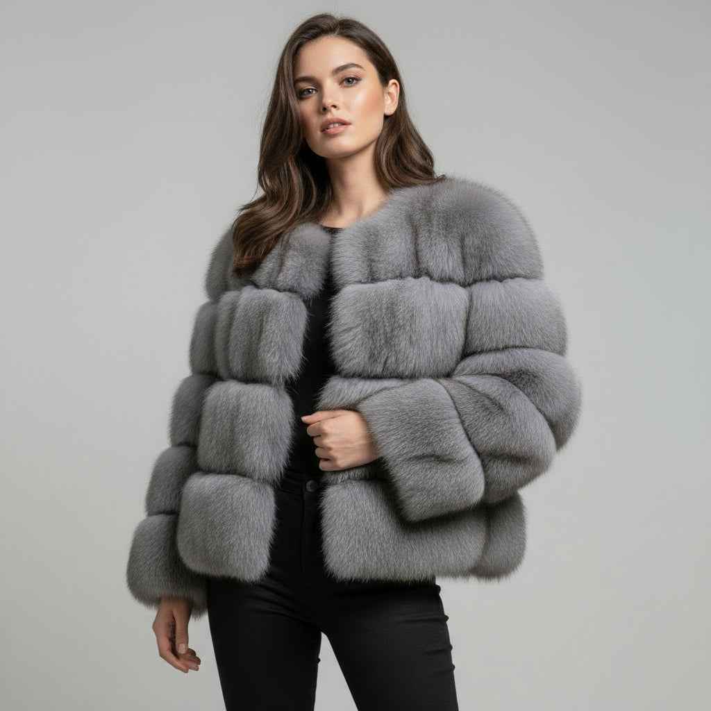 Luxury Fluffy Layered Fox Fur Coat with Round Neck & Short Silhouette