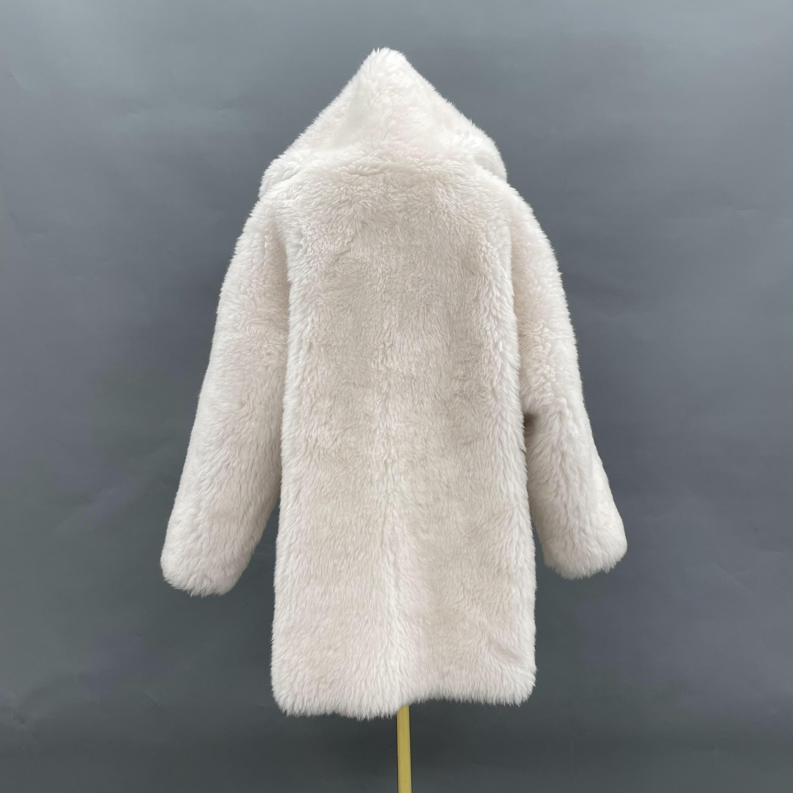 Women's White Hooded Long Sheepskin Shearling Coat - Casual Winter Outerwear