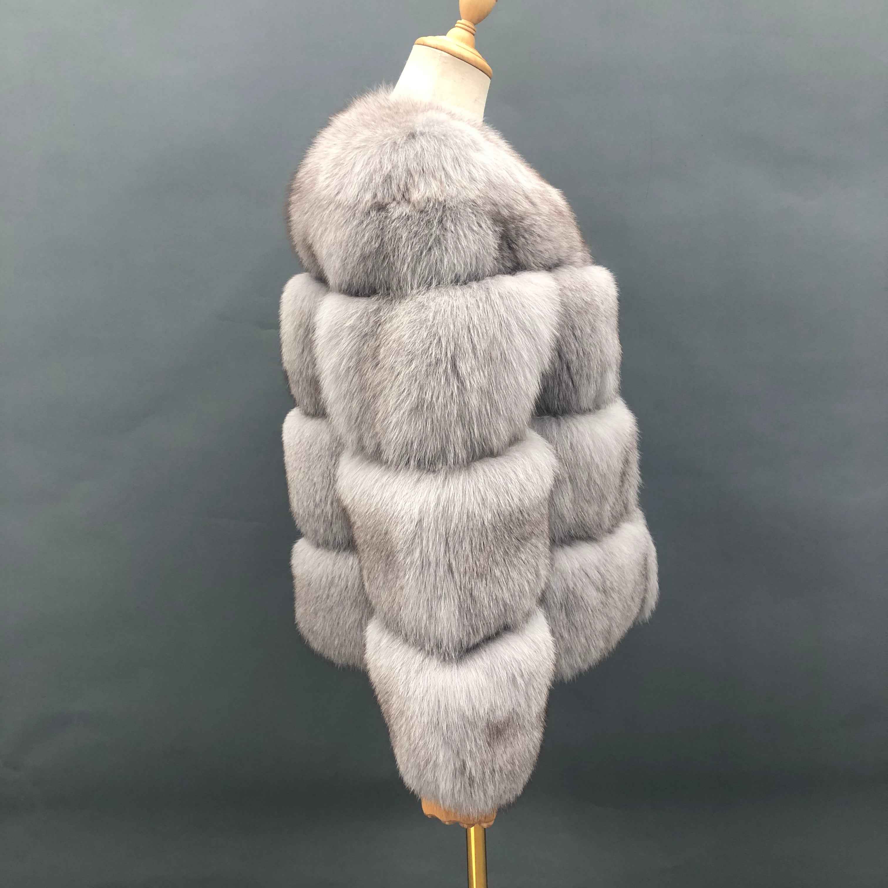 Luxury Fluffy Layered Fox Fur Coat with Round Neck & Short Silhouette