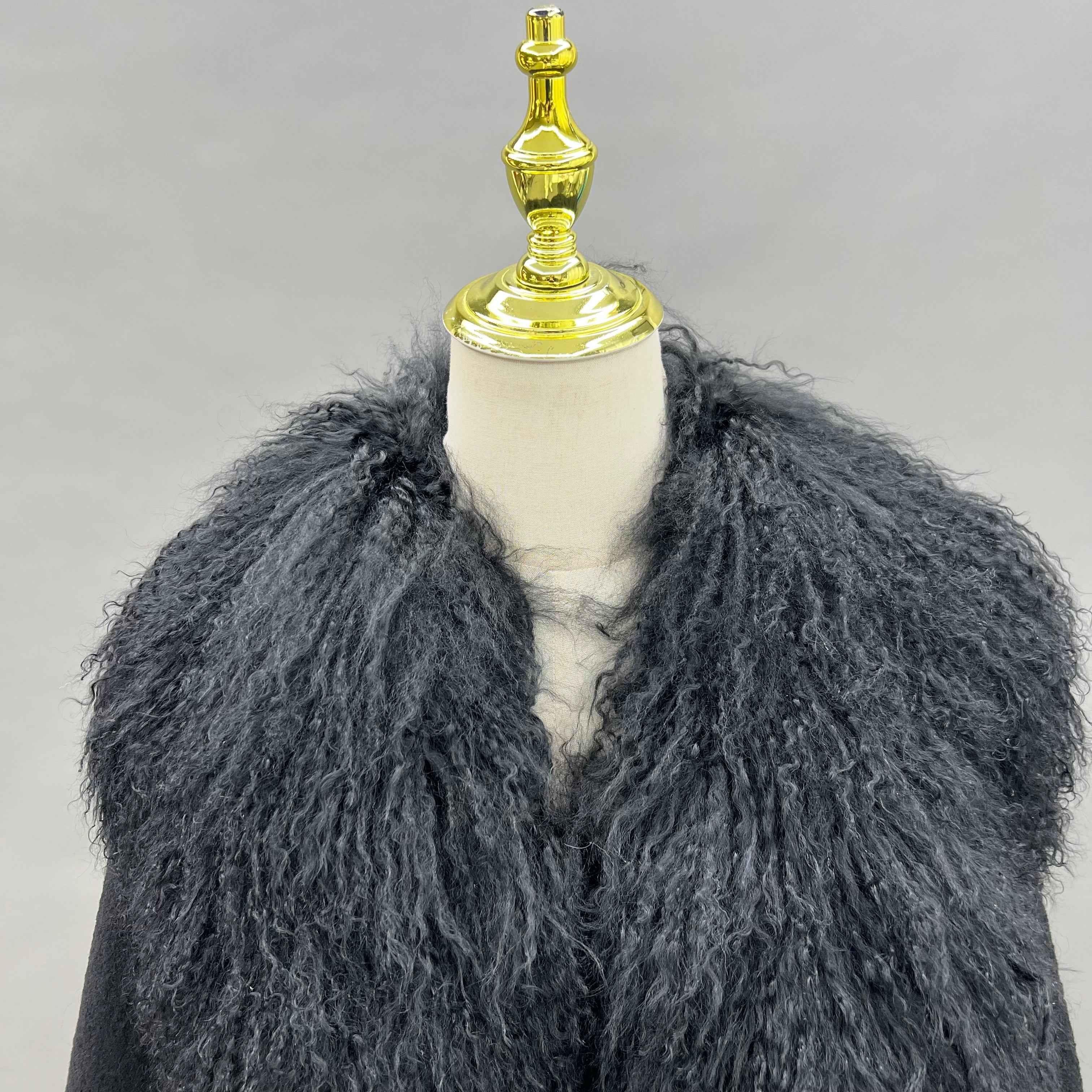 Luxury Shearling Long Coat with Tibetan Lamb Fur Trimmed Cuffs & Placket, Belted Design