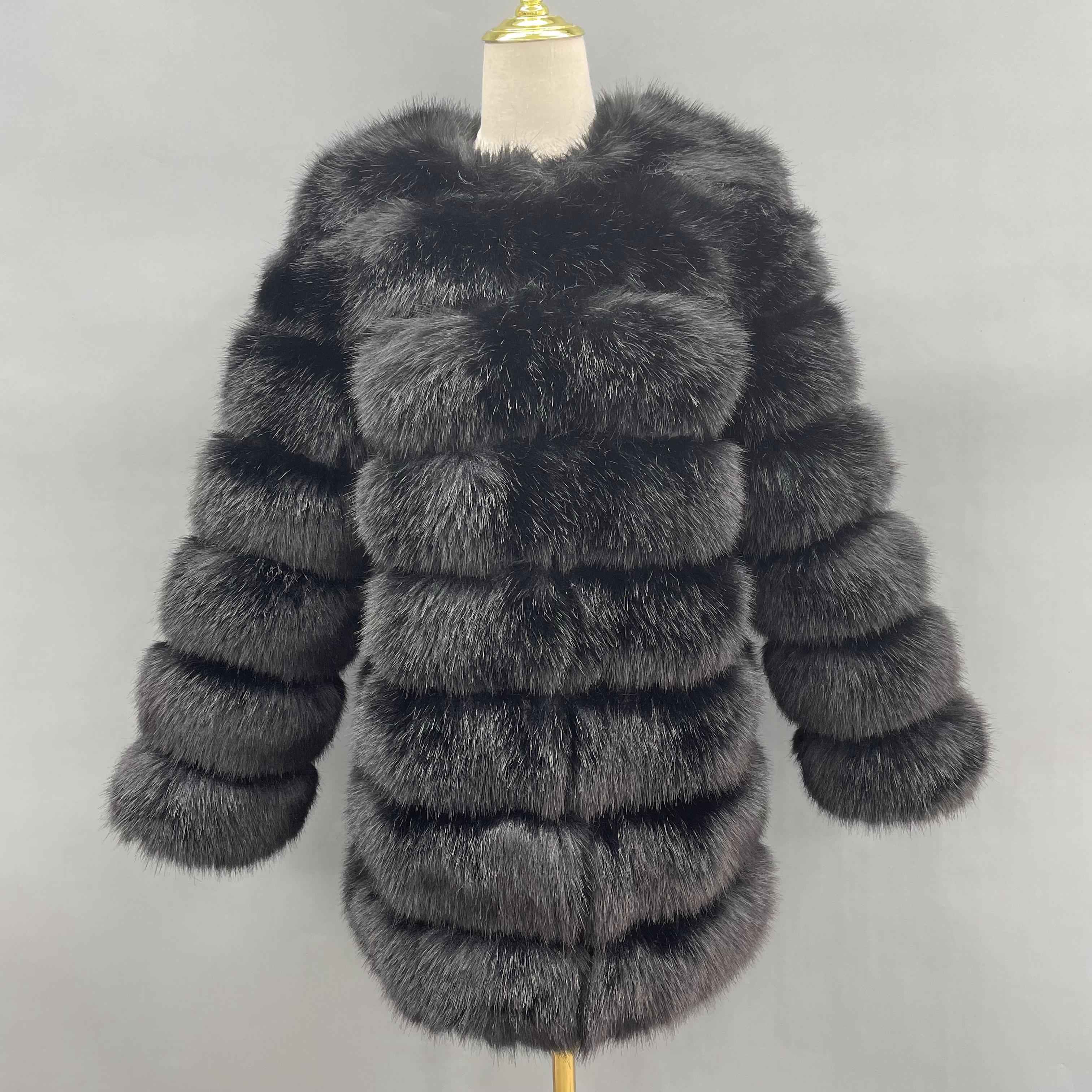 Women's 8-Panel Crew Neck Long Sleeve Faux Fur Coat - Luxury Trendy Winter Essential Outerwear Black