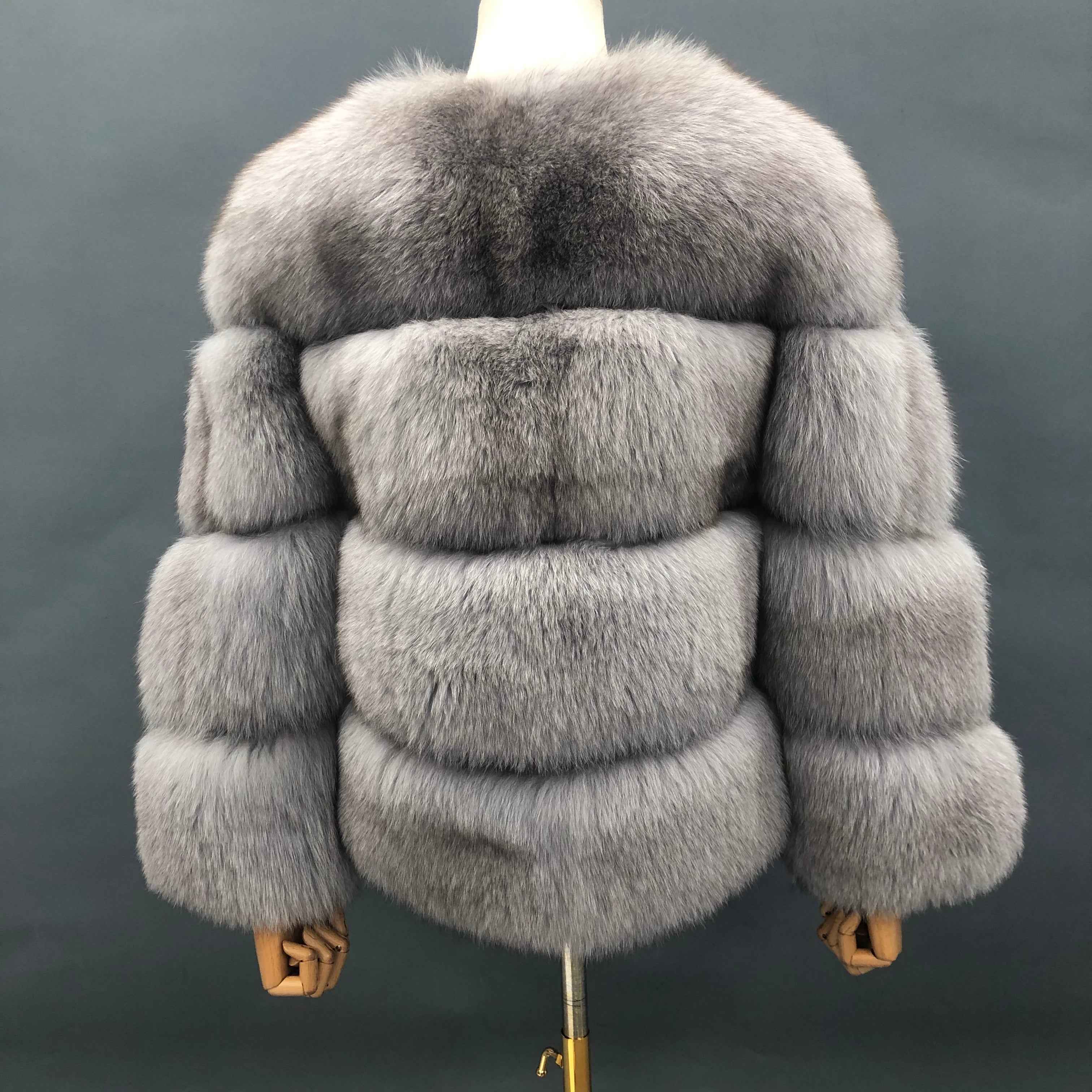 Luxury Fluffy Layered Fox Fur Coat with Round Neck & Short Silhouette