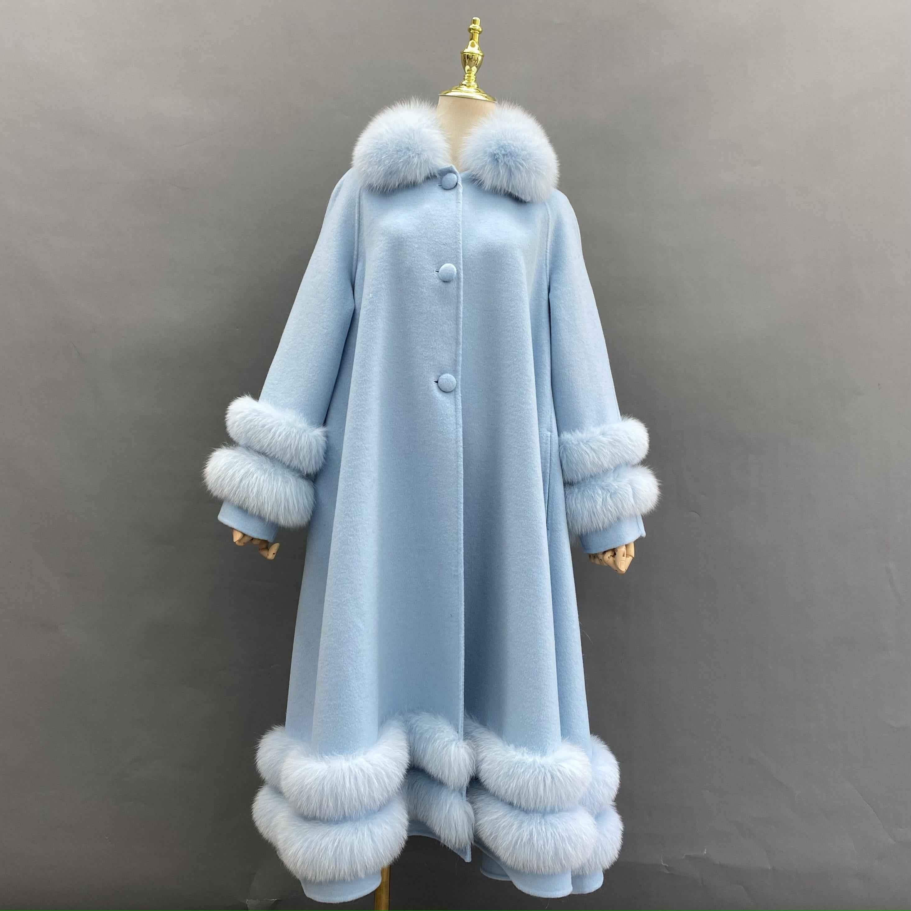 Double - Faced Wool Coat with Double - Layer Fox Fur Trim on Cuffs, Hem & Collar - Luxury Warm Fashion Winter Outerwear