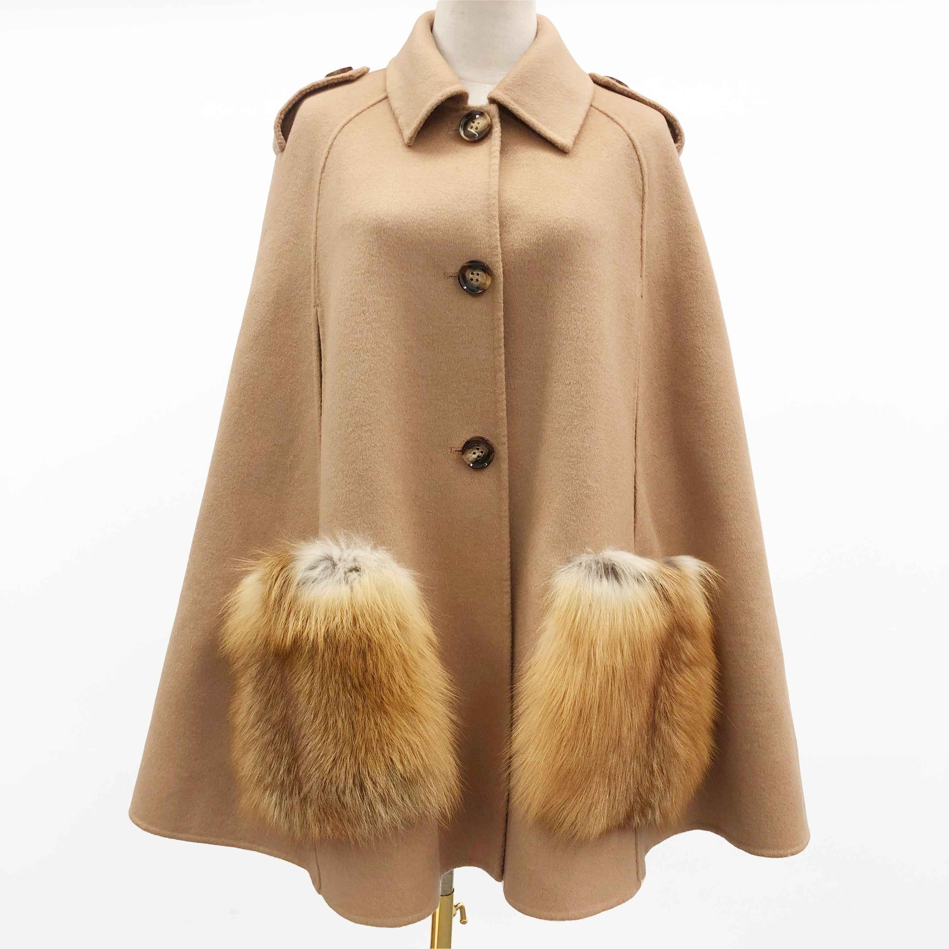 Women's Luxury Double - Faced Wool Cape with Fox Fur Pocket Trim, Elegant Winter Outerwear
