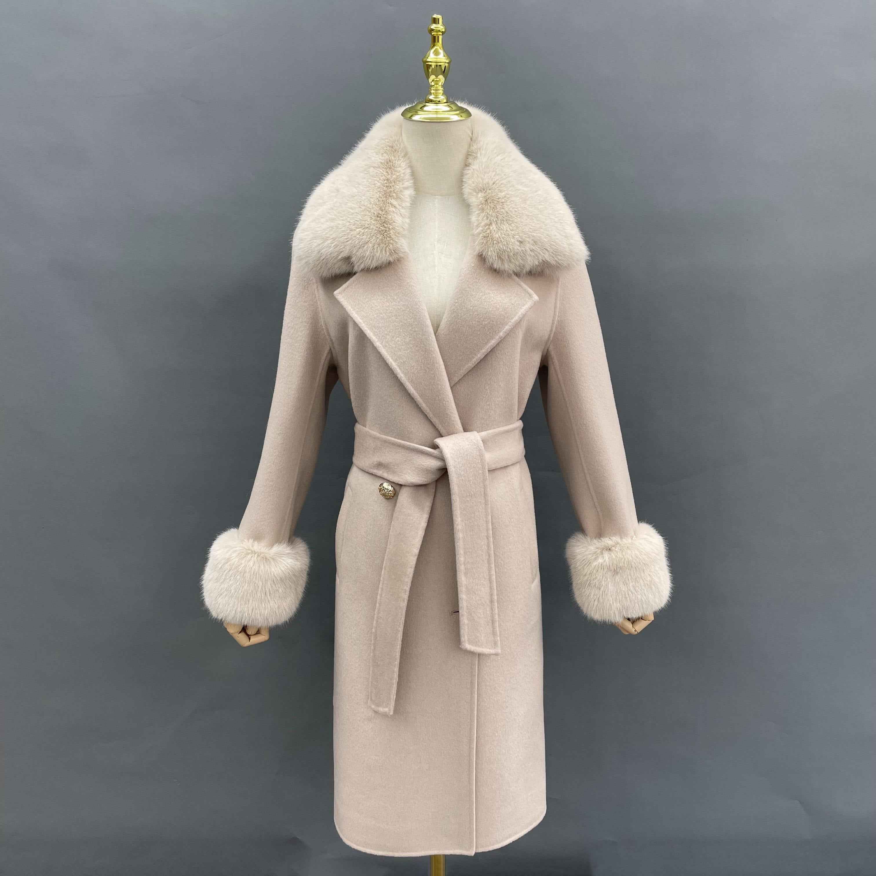 Elegant Double - Faced Wool Long Coat with Faux Fur Collar, Faux Fur Cuffs and Double - Breasted Design