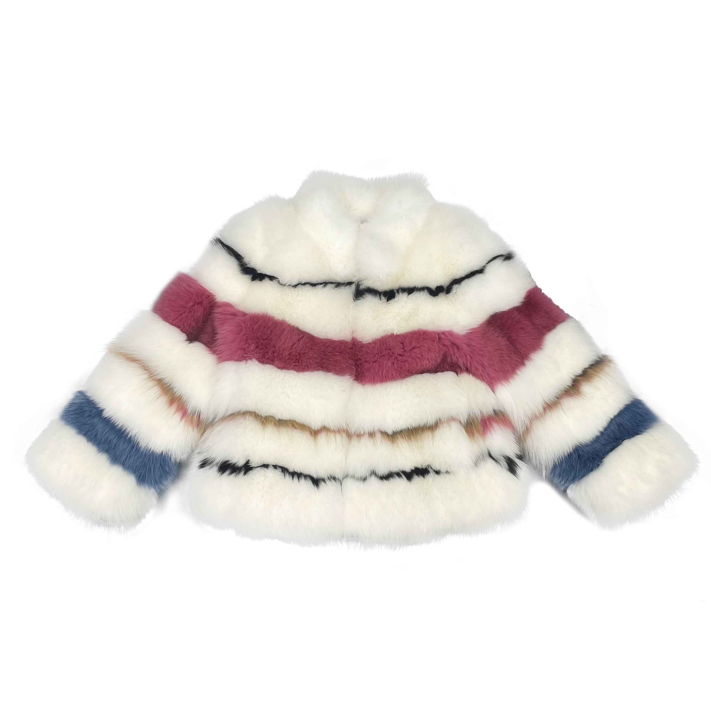 Luxury Color Block Fox Fur Coat with Stand Collar – Women's Striped Real Fur Jacket