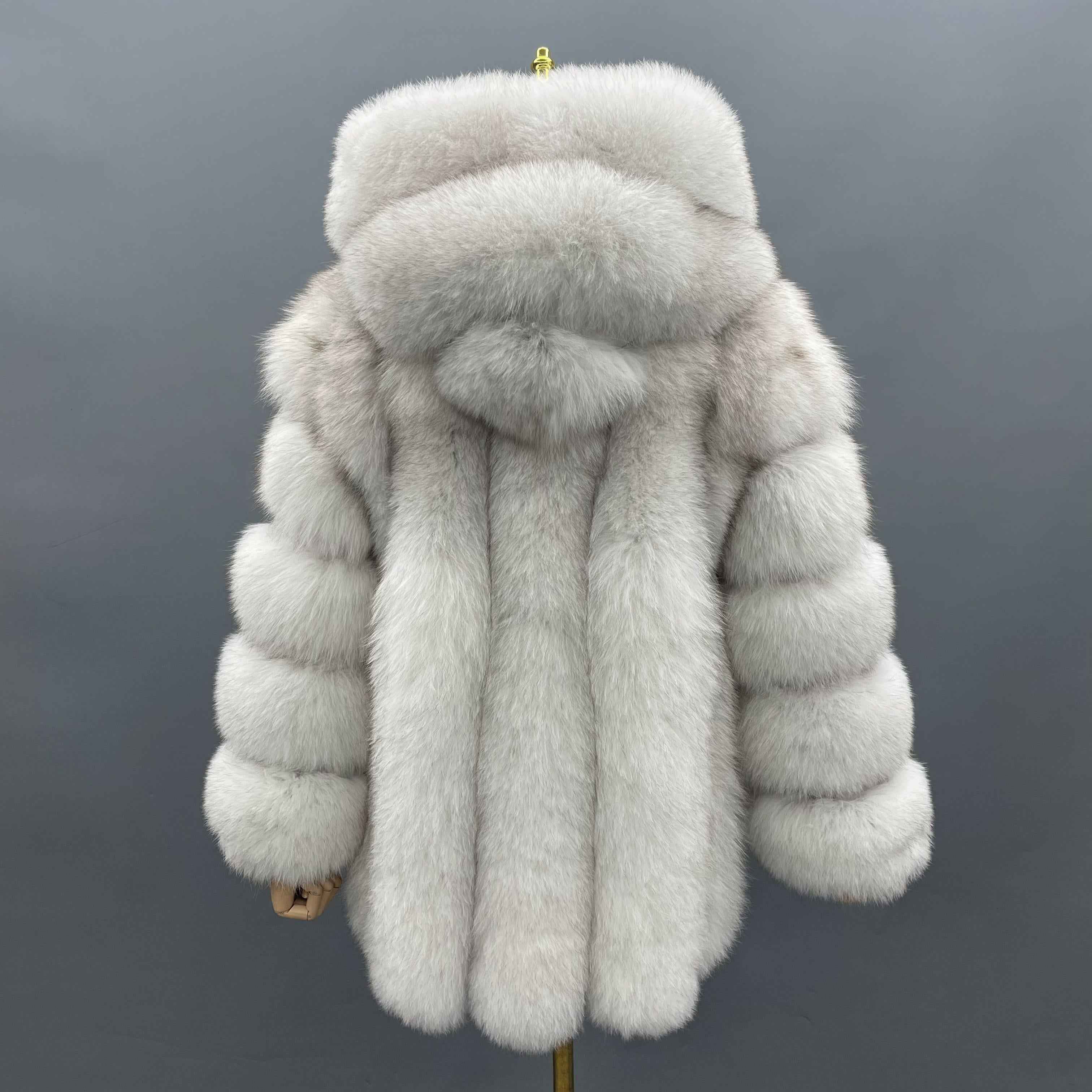 Women's Luxury White Fox Fur Hooded Coat - Vertical Stripe Body & 5-Panel Sleeves Winter Warm Jacket