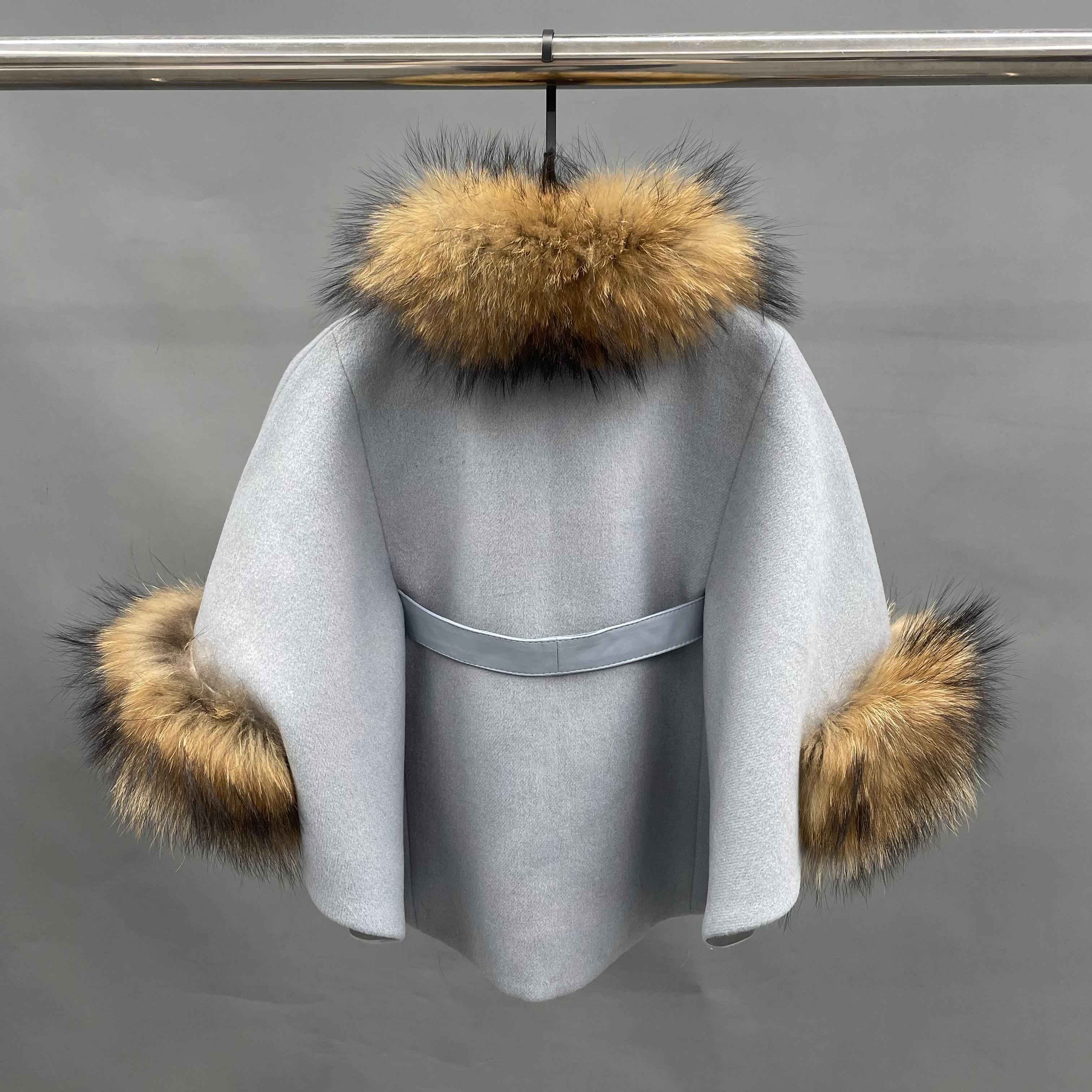Children's raccoon fur shawl kid's Poncho Cape with fur