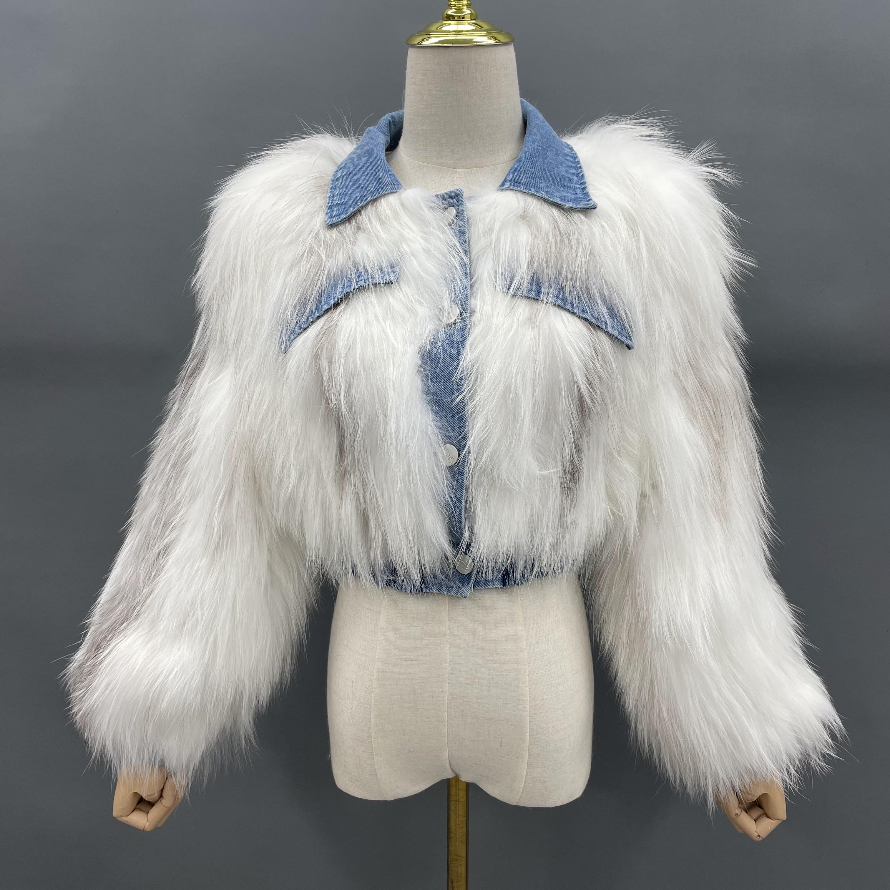 Women's Luxurious Knitted Raccoon Dog Fur Cropped Jacket with Denim Collar & Details - Edgy Winter Outerwear