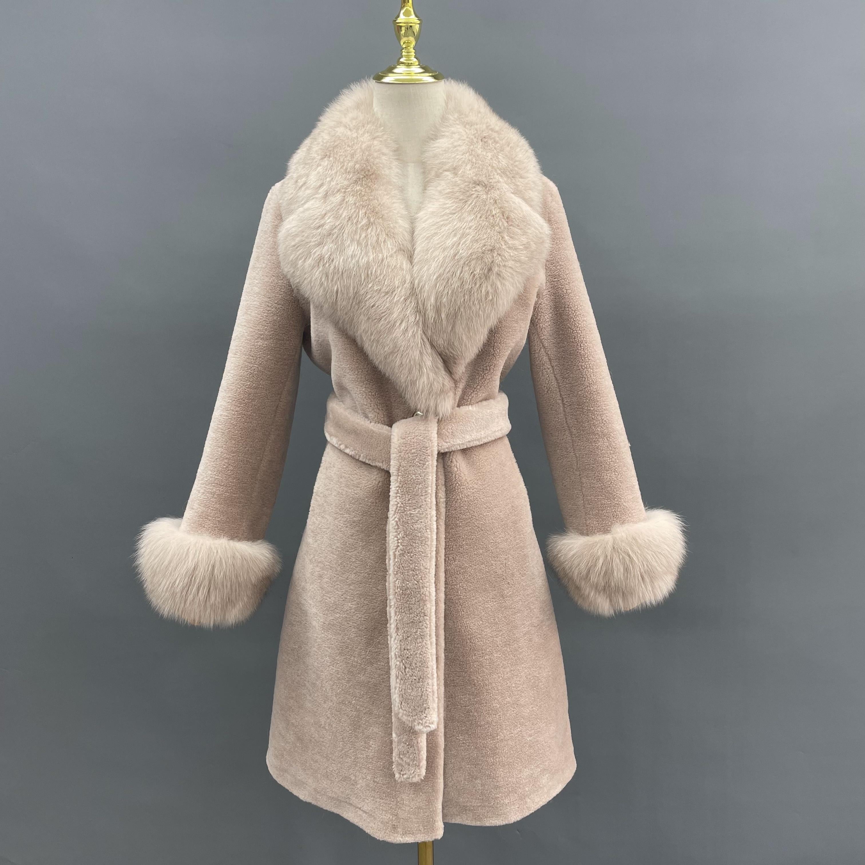 Women's Light Pink Shearling Long Coat with Fox Fur Collar, Cuffs, Notched Lapel & Belted Waist - Luxurious Winter Outerwear