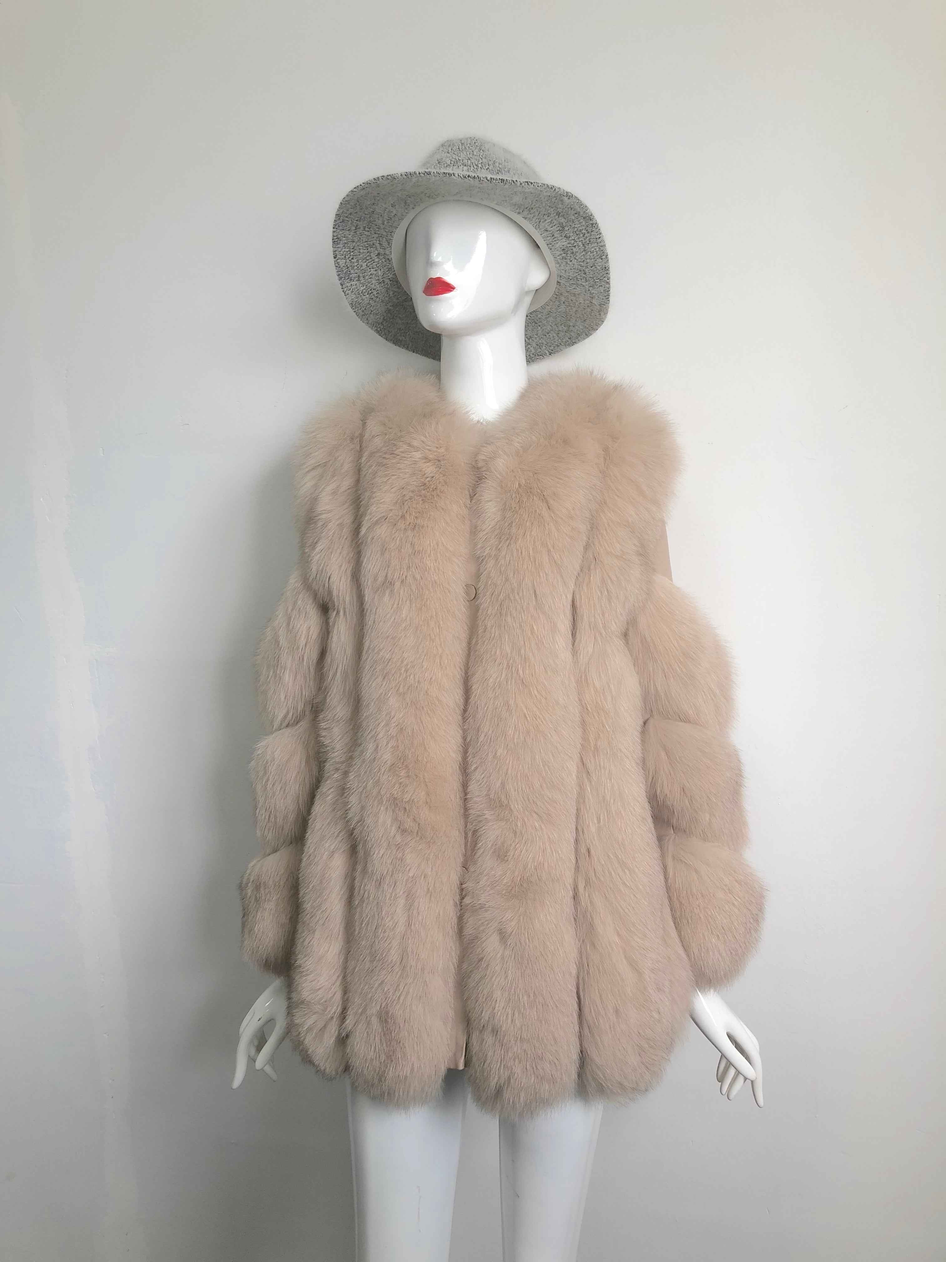 Luxury Fox Fur Overcoat with Leather Strip Accents - Women's Cold Weather Outerwear Beige