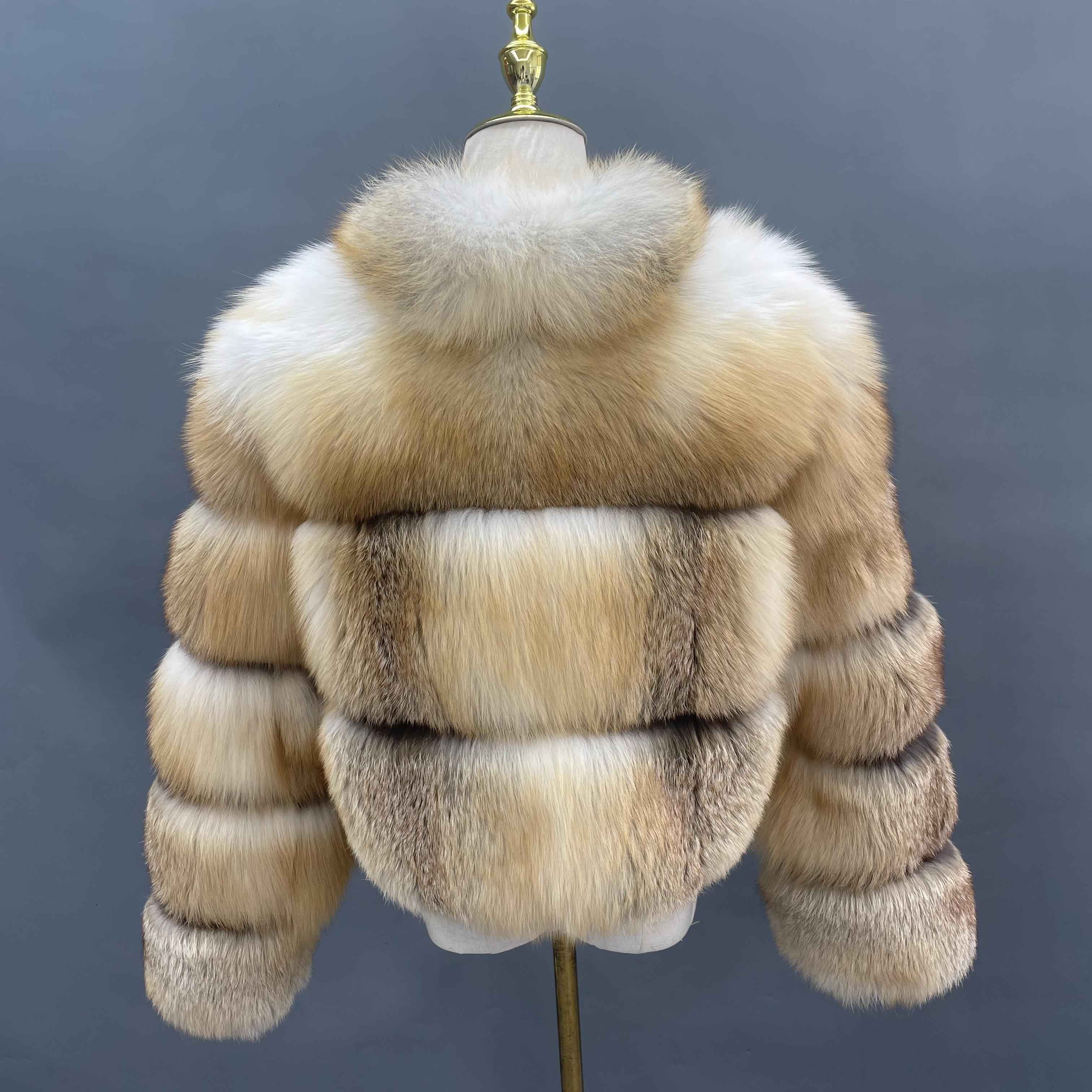 Women’s Stand Collar Fox Fur Jacket with Five-Section Sleeves – Elegant Short Coat in Cream and Brown for Luxury Winter Fashion