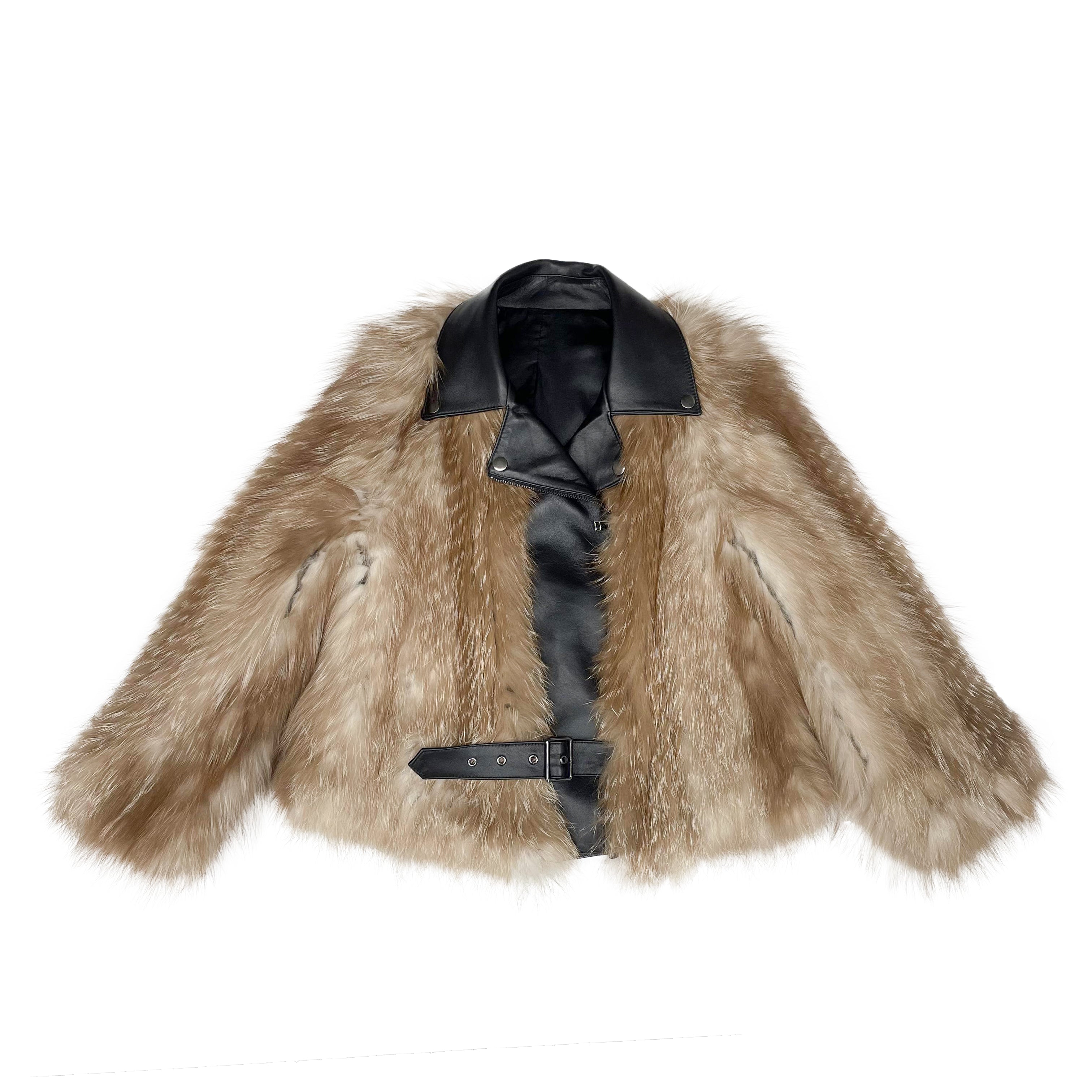 Women's Fox Fur Knitted Jacket with Leather Notched Lapel & Zipper Detail - Edgy Winter Outerwear