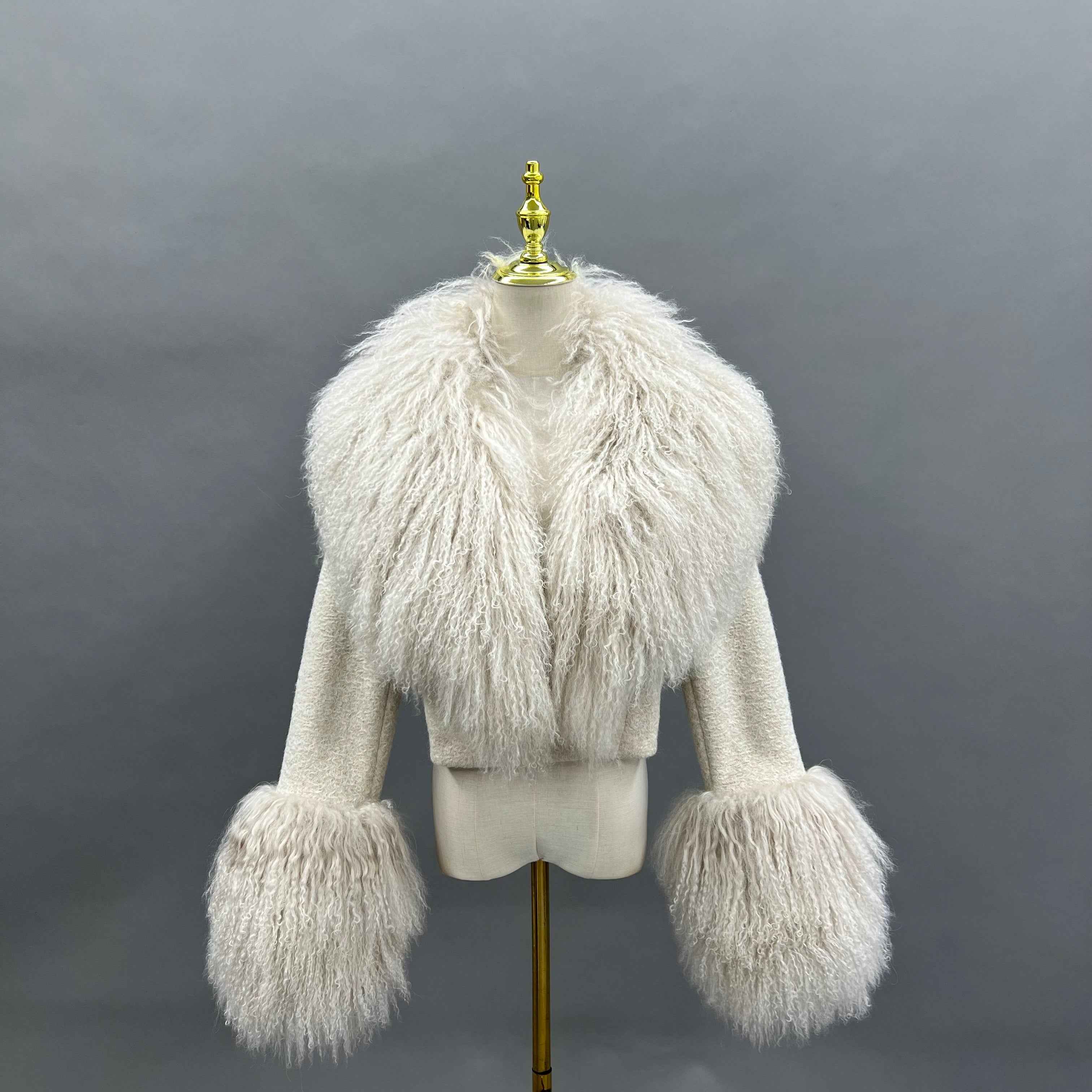 Cashmere Short Coat with Tibetan Lamb Fur Collar and Cuffs