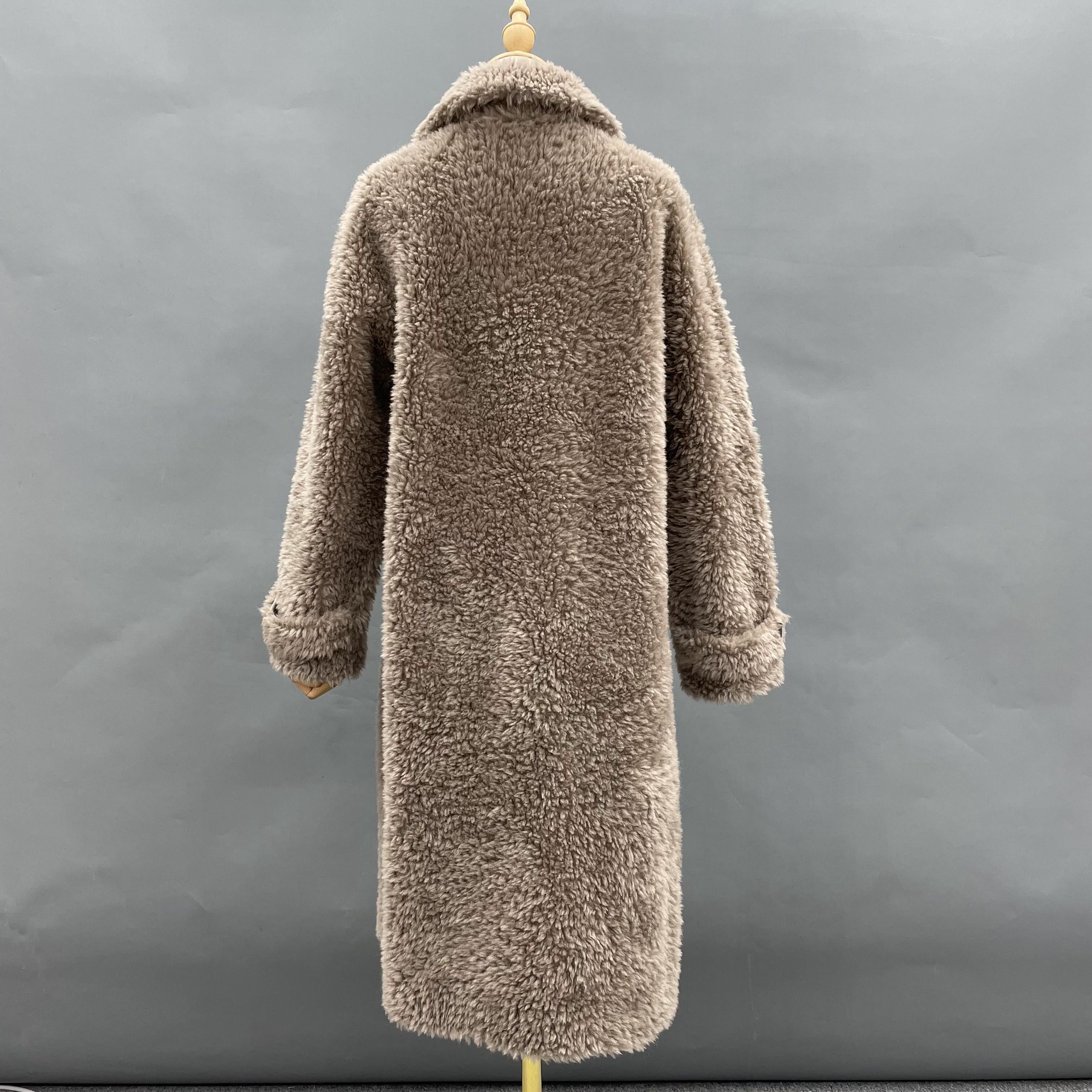 Women's Taupe Sheepskin Shearling Long Coat with Notched Lapel & Belted Waist - Luxe Winter Outerwear