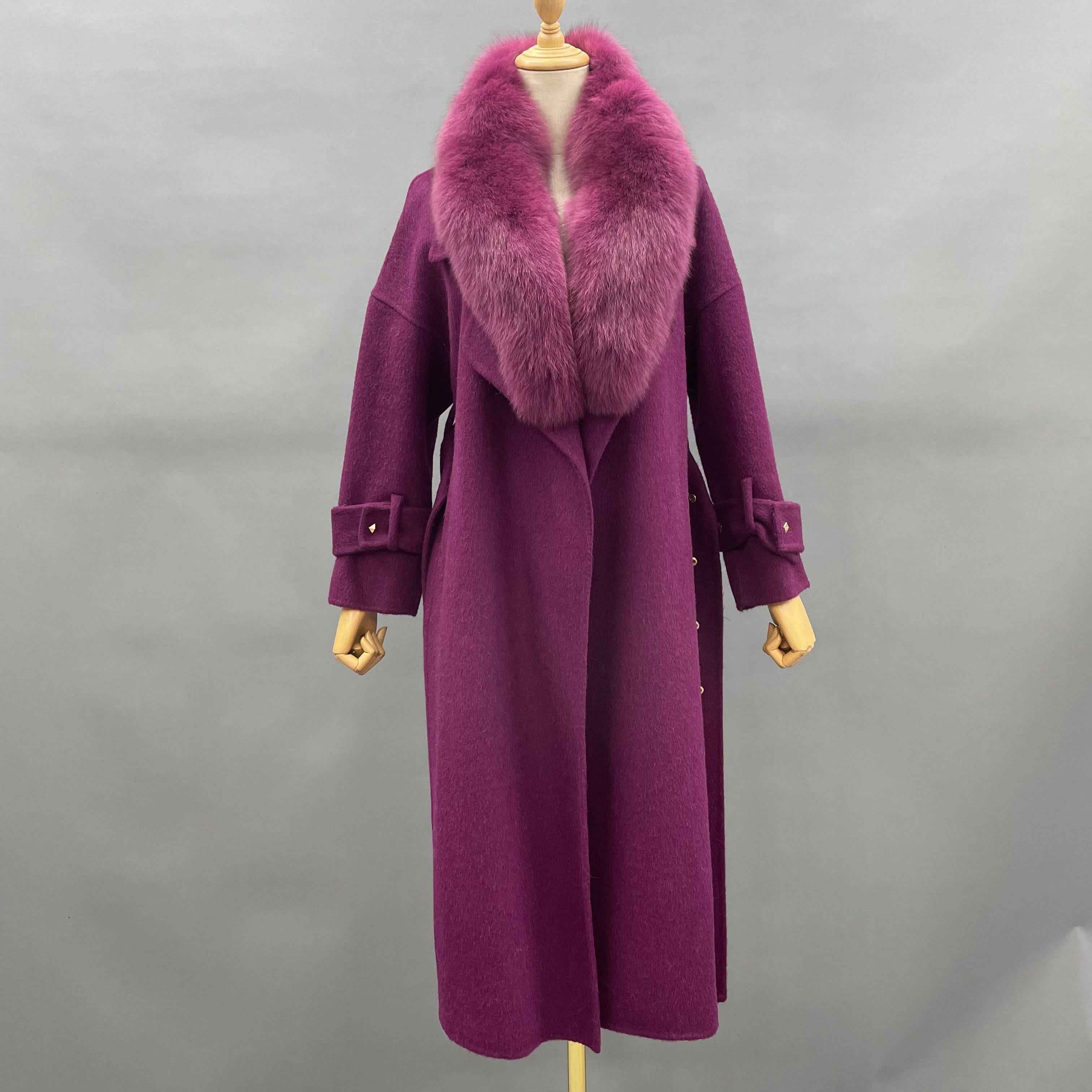 Luxury Double-Faced Wool Coat with Fox Fur Collar and Studded Button Detailing – Elegant Long Overcoat for Women