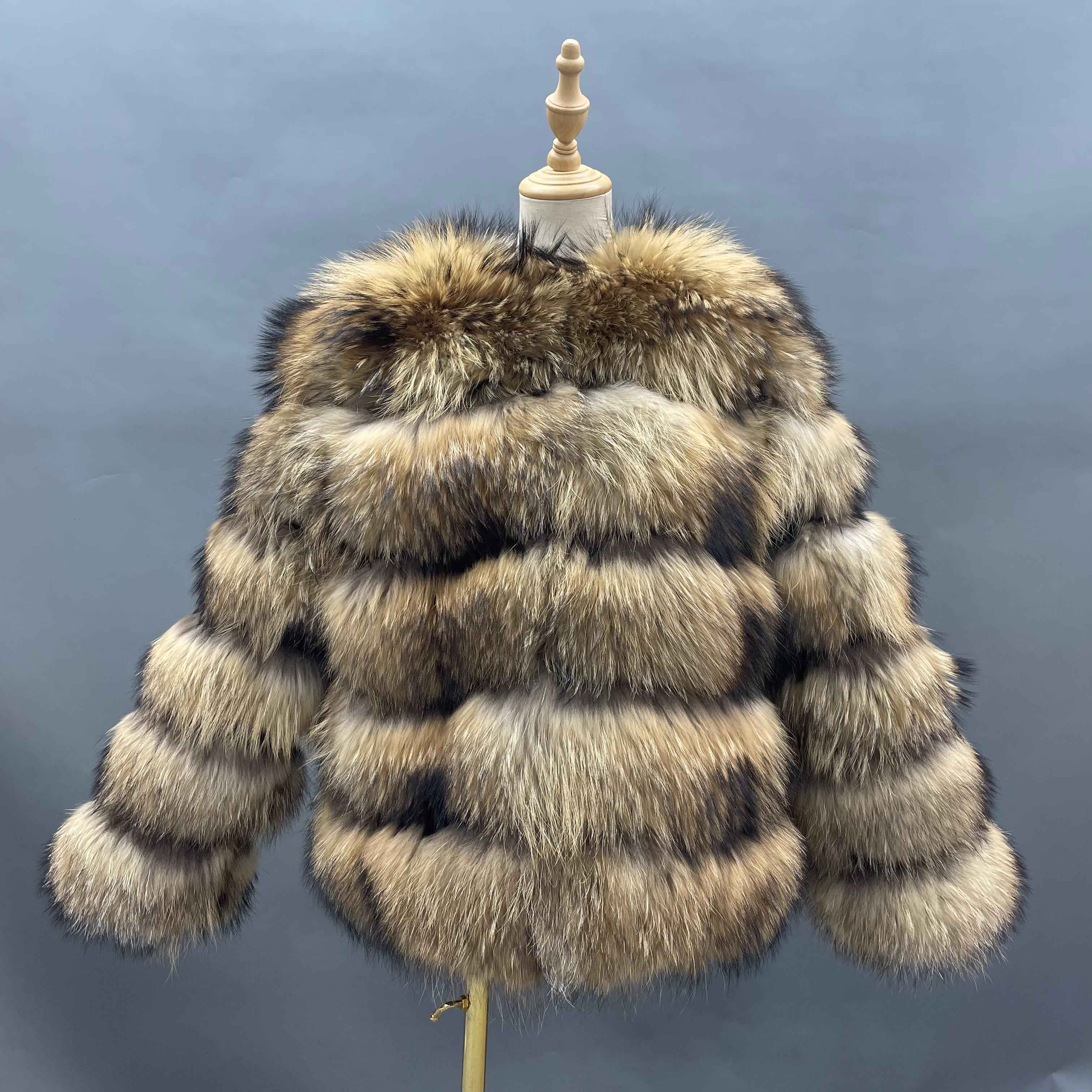 Women's Luxury Raccoon Fur Jacket - 5-Panel Wide Striped Cold Winter Warmth-Locking Outerwear Animal