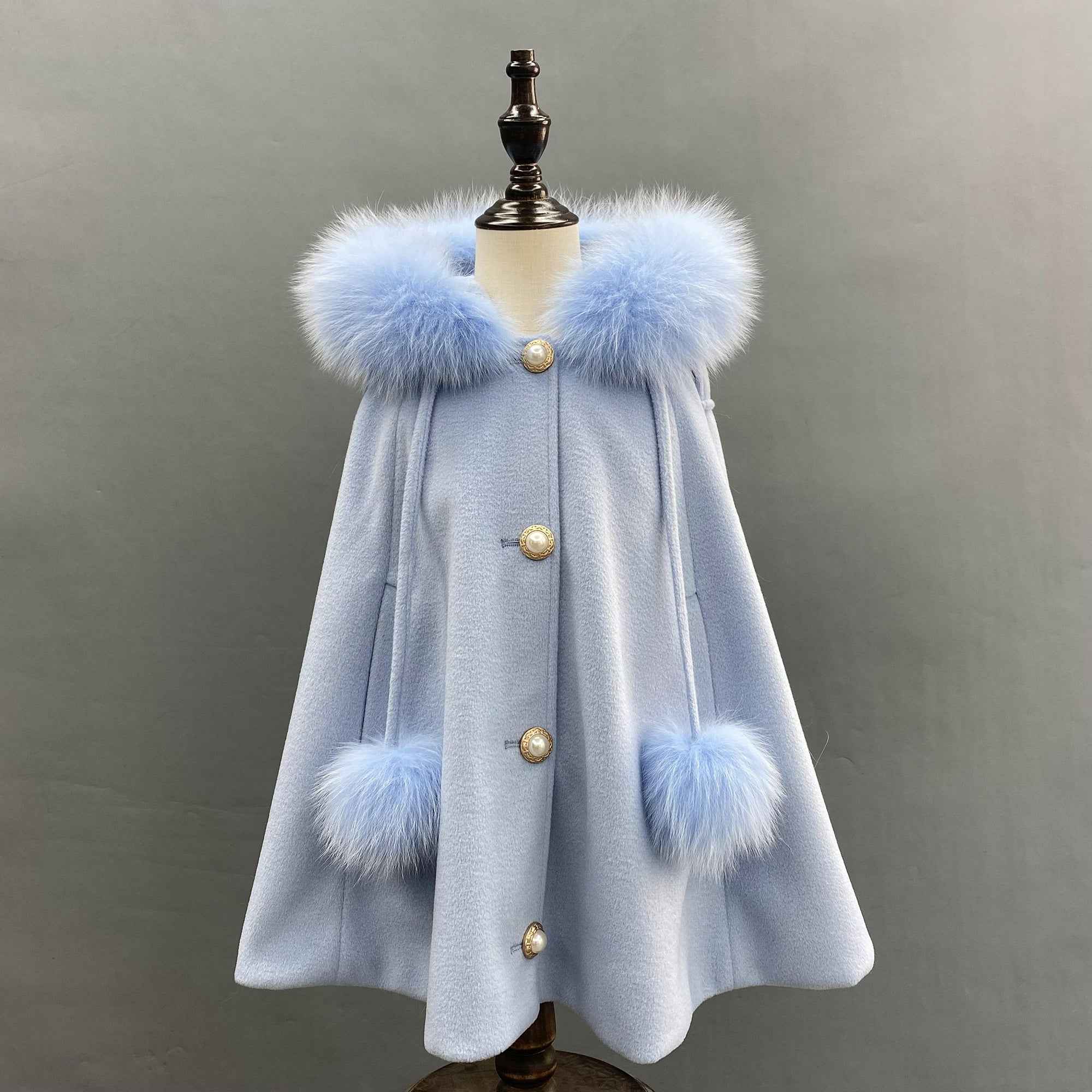 Kids fox fur trimmed pompom hooded cape