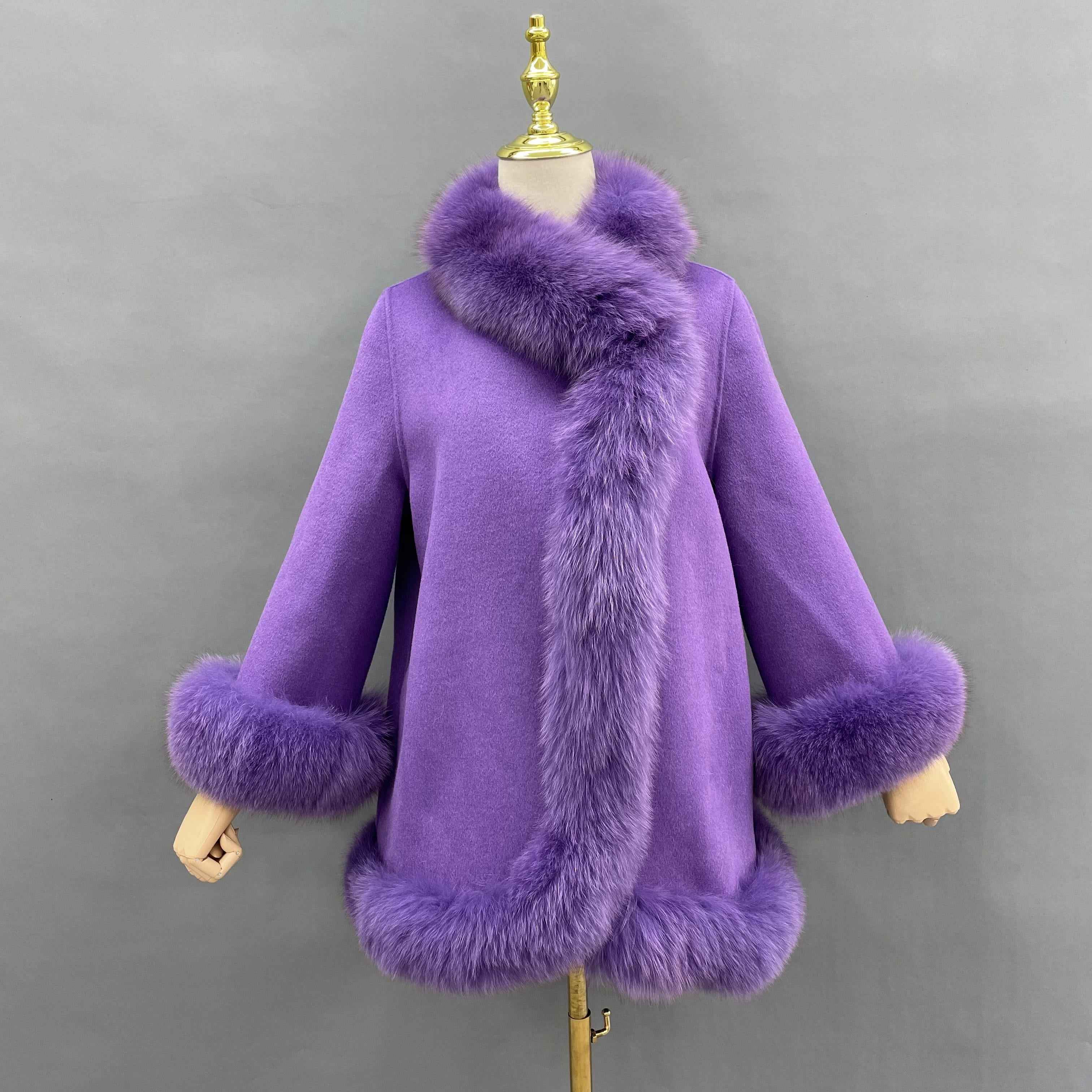 Women's Luxury Double - Faced Wool Cape with Fox Fur Trim