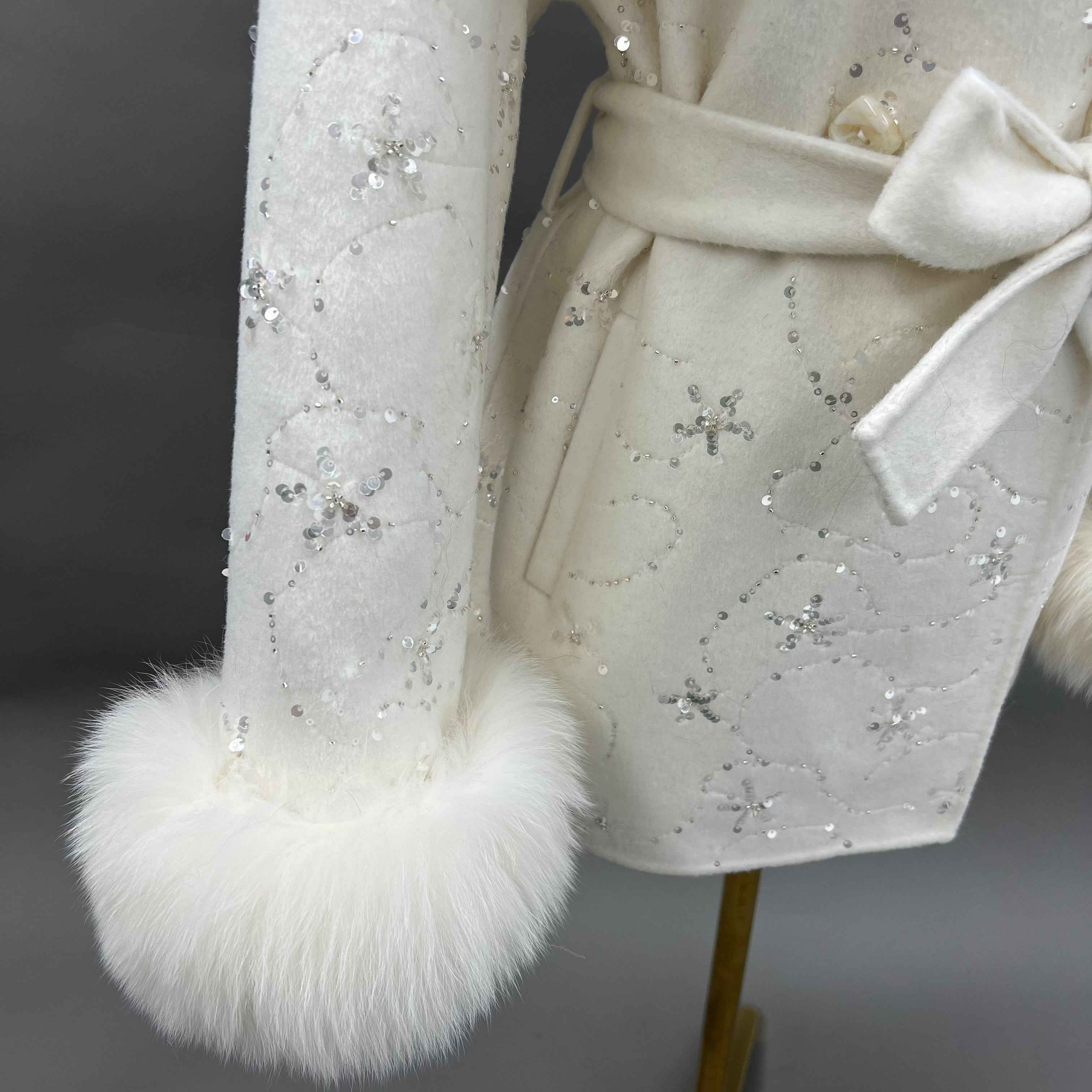 Women's Sequin Embellished Coat with Fox Fur Cuffs, Cape - Like Overlay & Self - Tie Belt, Elegant Winter Outerwear