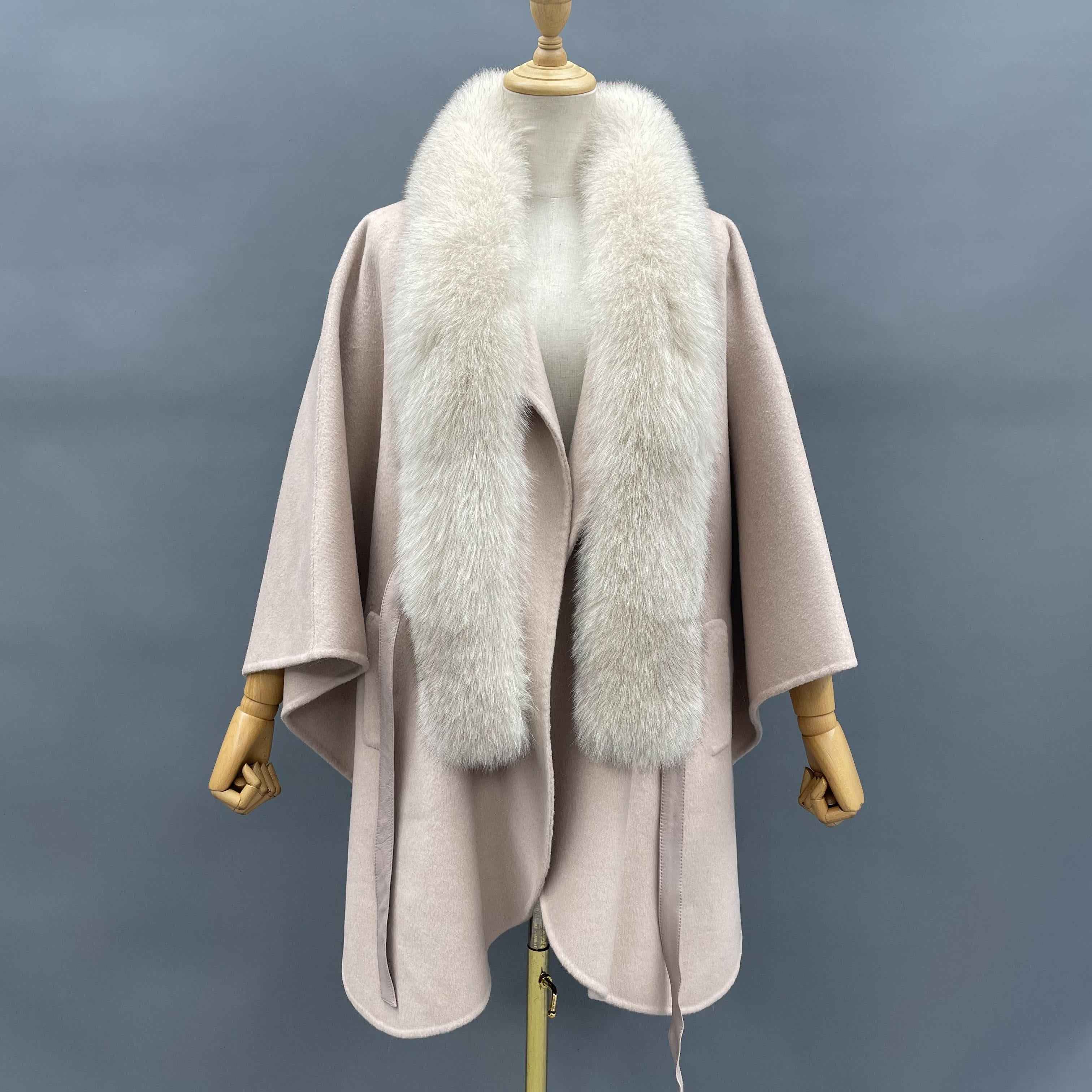Women's Luxury Double - Faced Wool Cape with Fox Fur Collar and Leather Belt, Elegant Winter Outerwear