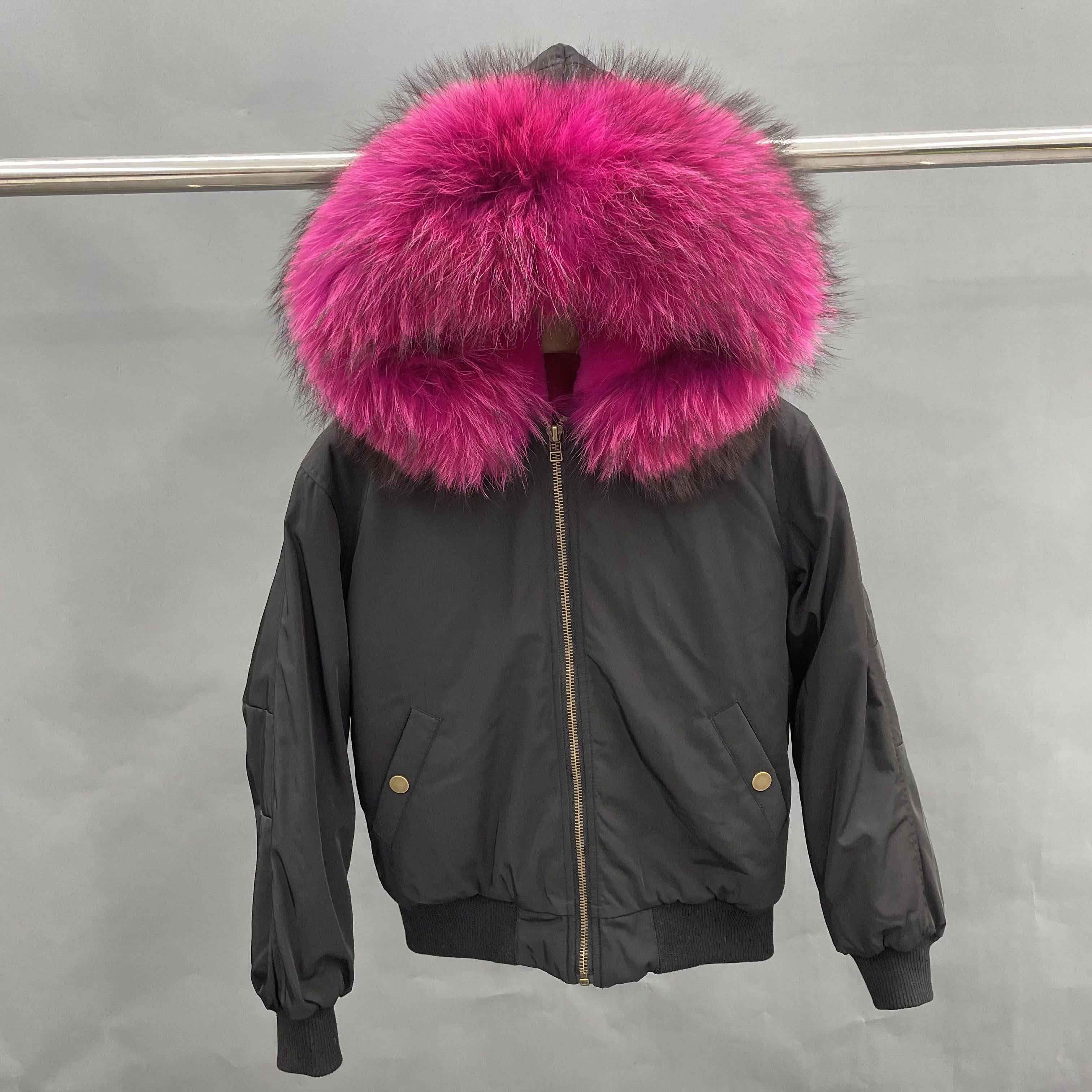 Women's Bomber Jacket with Raccoon Fur Collar – Winter Flight Jacket, Faux Fur Trim Aviator Coat for Cold Weather 8#Black