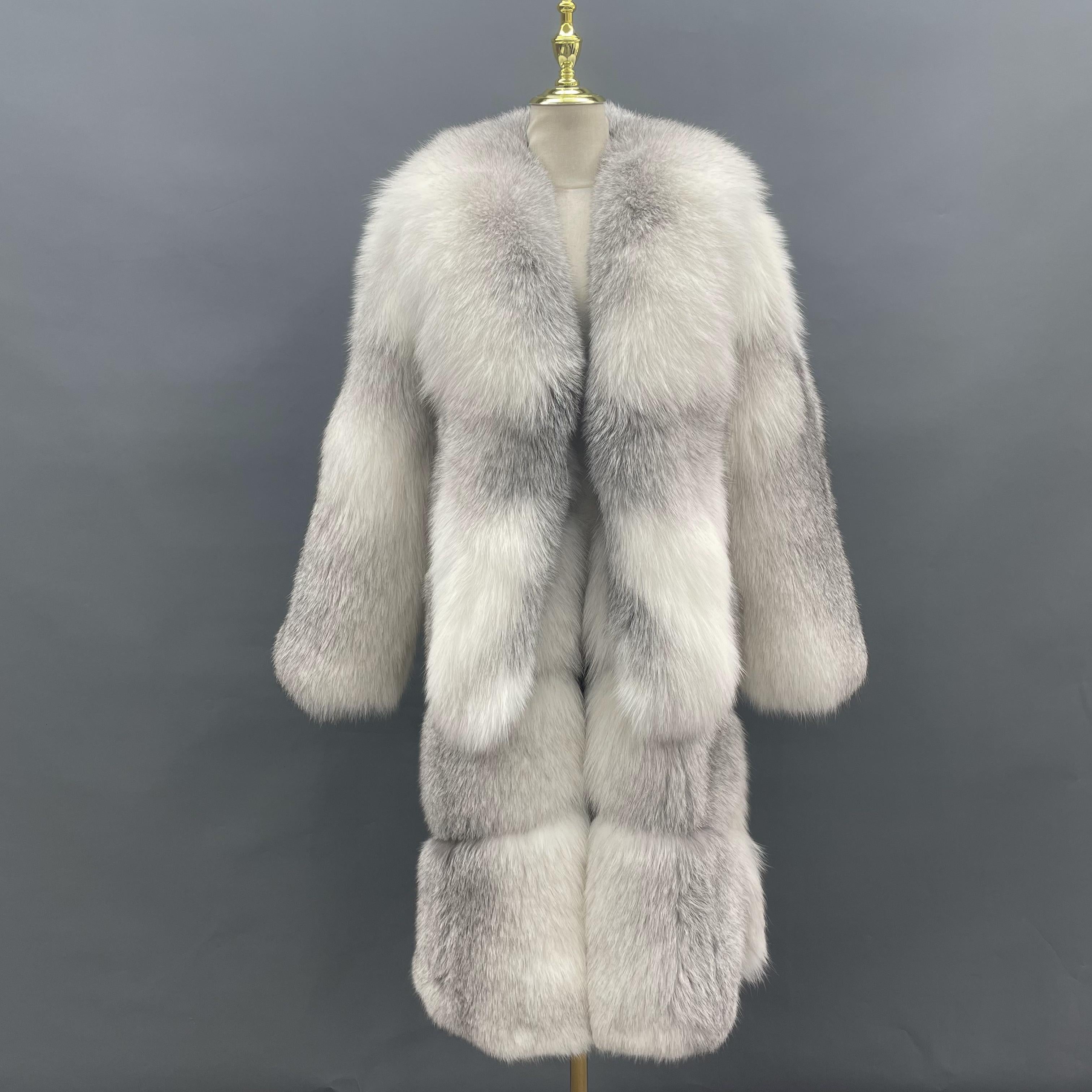 Women's Long Golden Island Fox Fur Coat with Extra Long Collar – Real Luxury Winter Fur Jacket White
