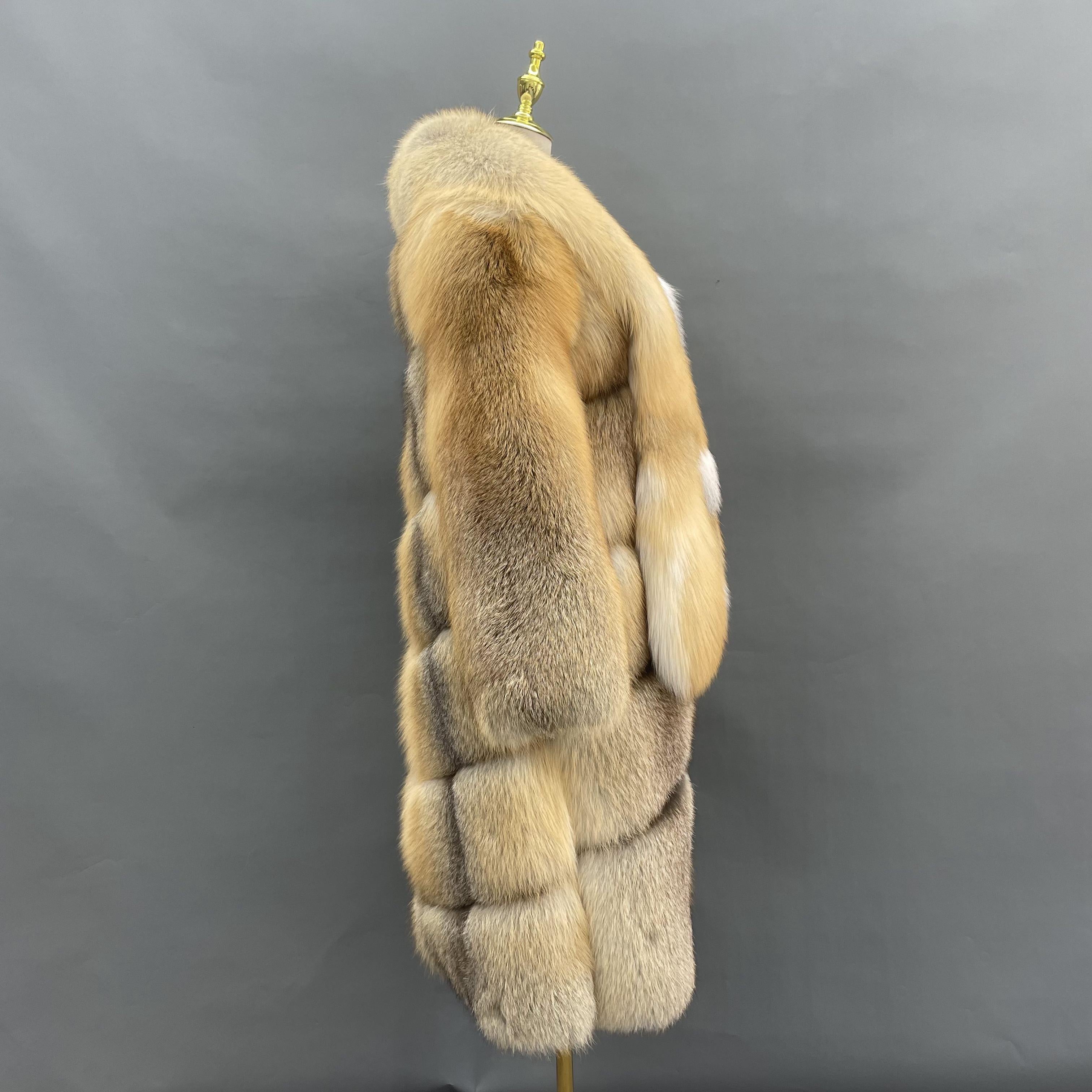 Women's Long Golden Island Fox Fur Coat with Extra Long Collar – Real Luxury Winter Fur Jacket