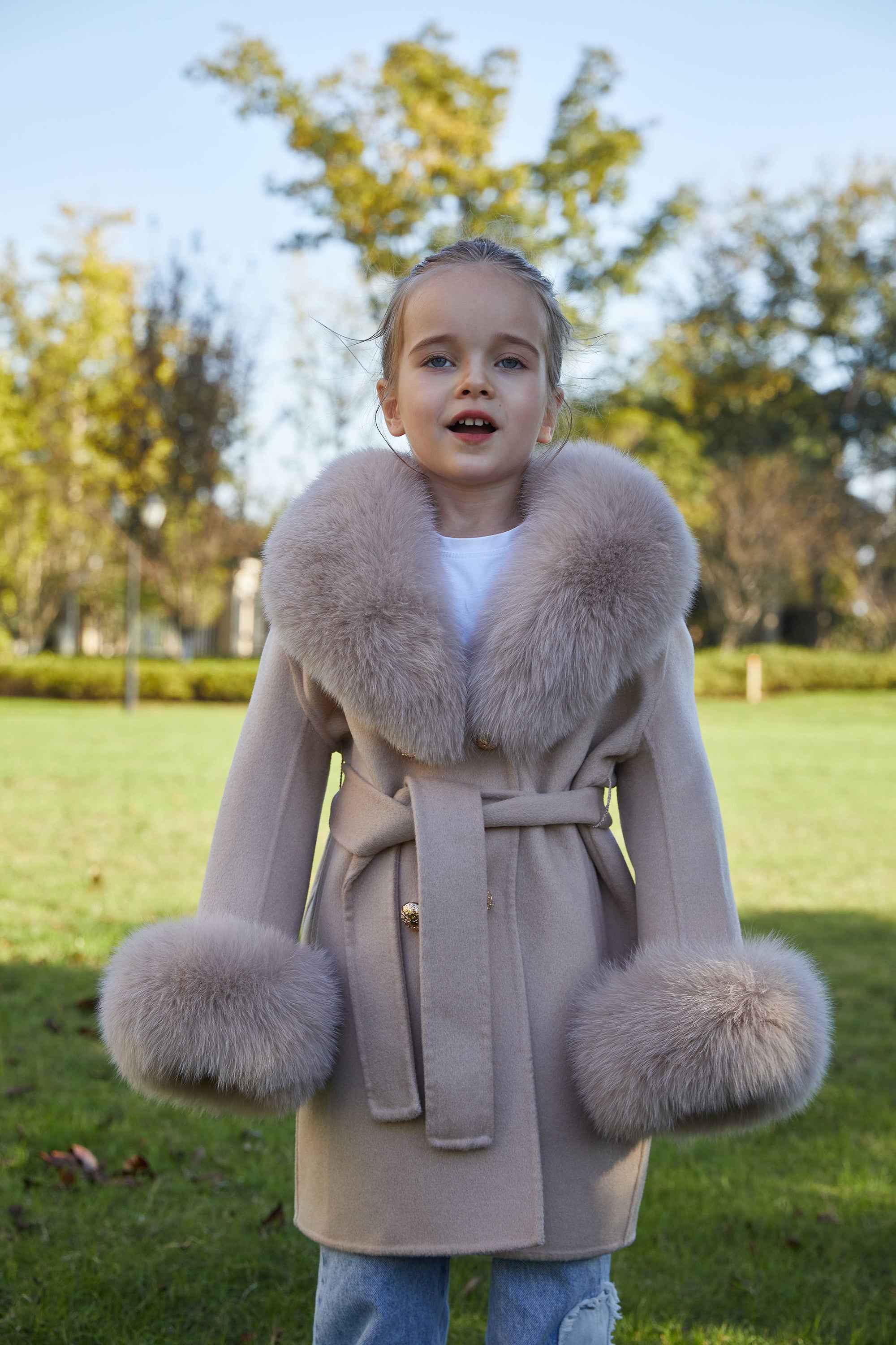 European Style Long Double Side Real Fur Shawl Collar Cashmere Wool Fur Children Coat