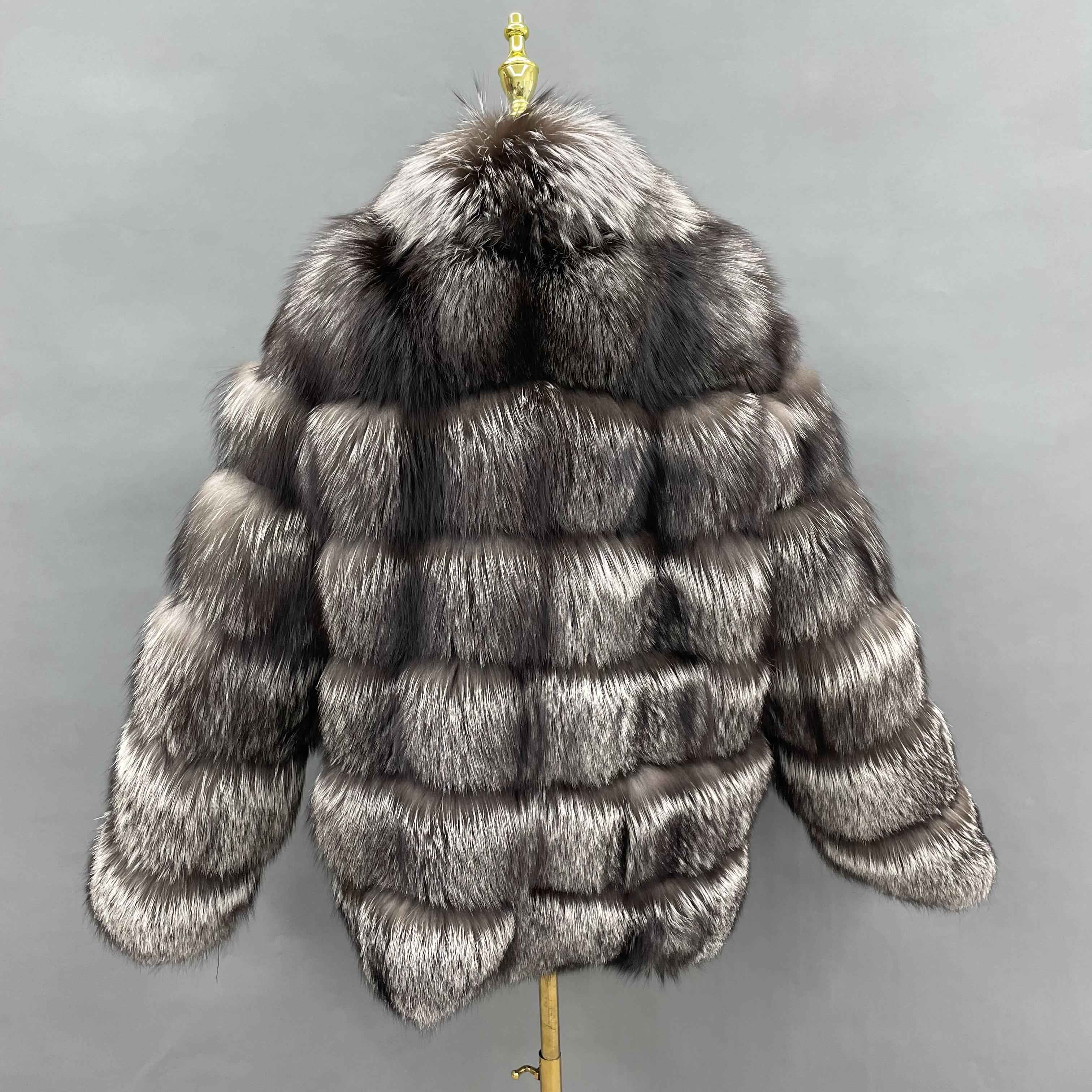 Men's Luxurious 6-Panel Notched Collar Silver Fox Fur Coat - High-End Winter Outerwear