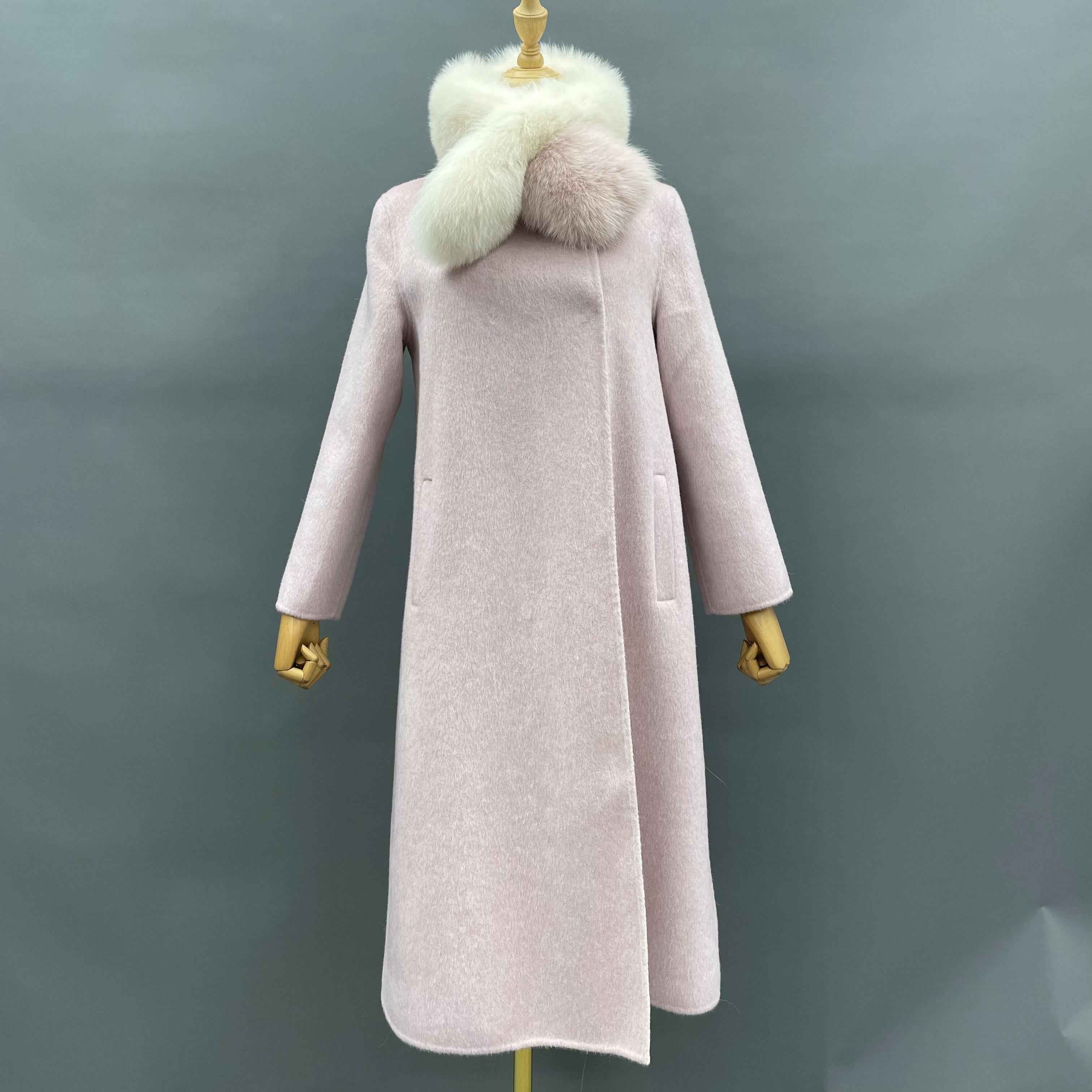 Women's Luxury Double - Faced Wool Trench Coat with Detachable Fox Fur Scarf, Elegant Winter Outerwear