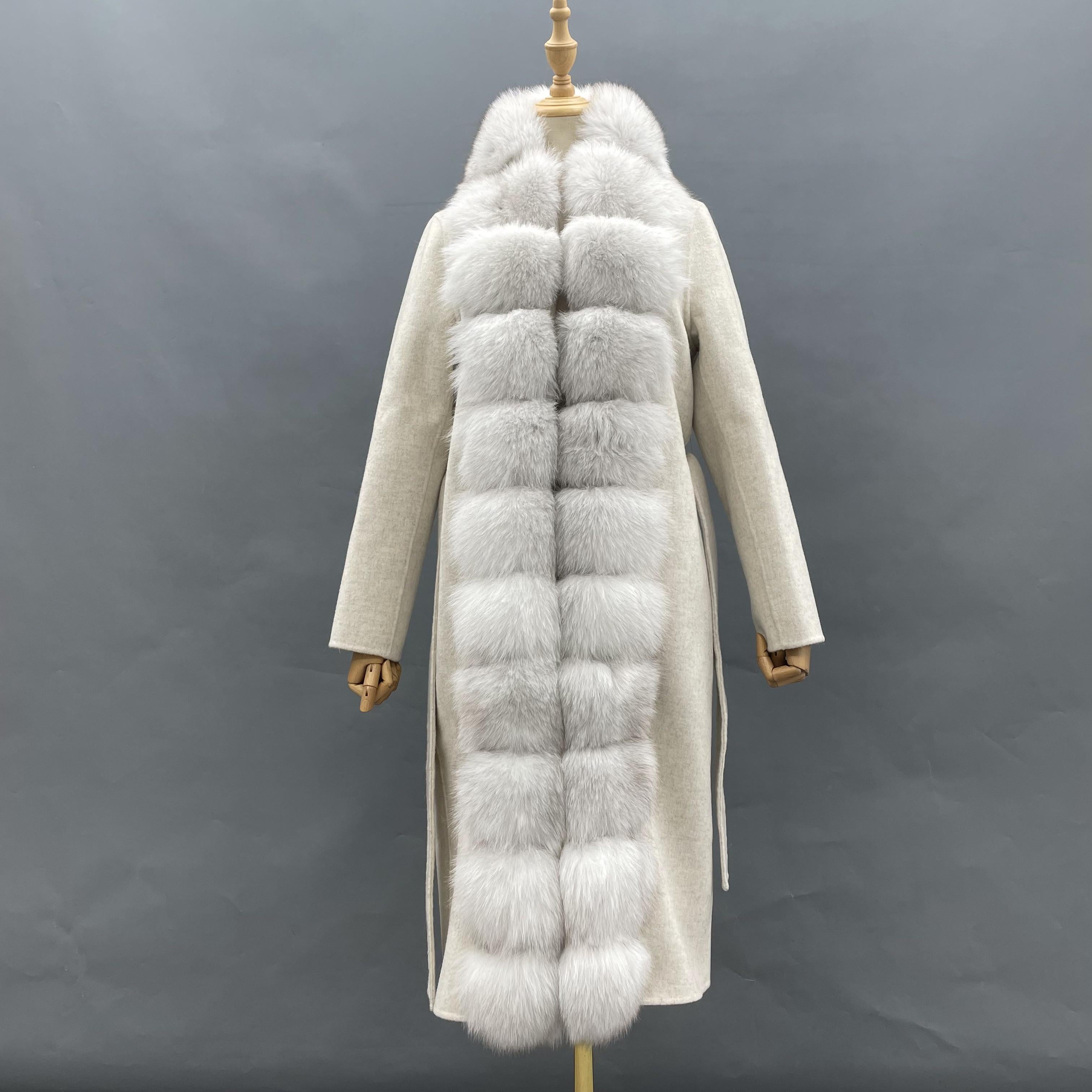 Luxury Cashmere Coat with Tiered Fox Fur Trim and Cuffed Sleeves 5#Pure White
