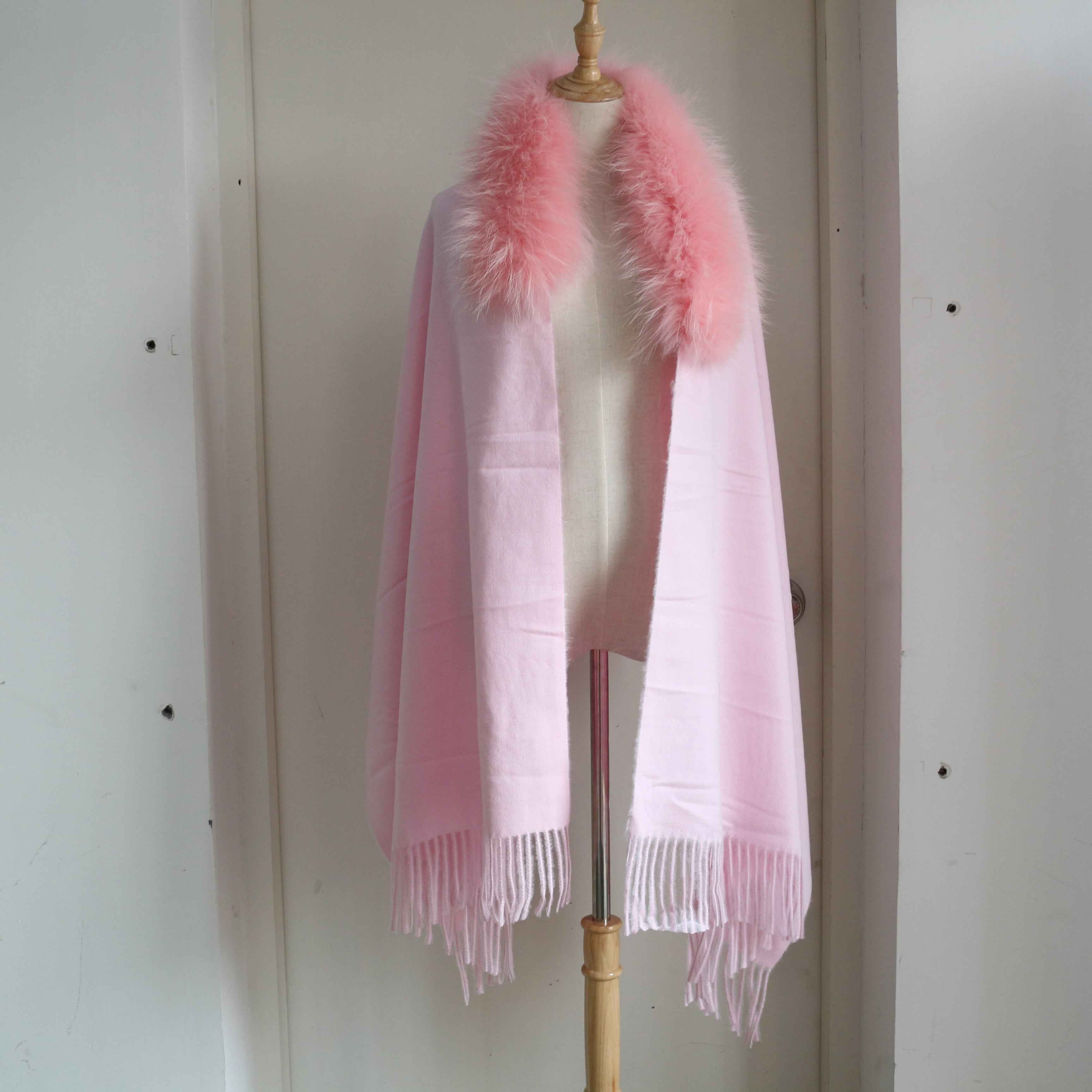 Women's Luxurious Mink Fur Shawl with Raccoon Dog Fur Collar & Fringe Detail - Winter Fashion Accessory 2#Pink F