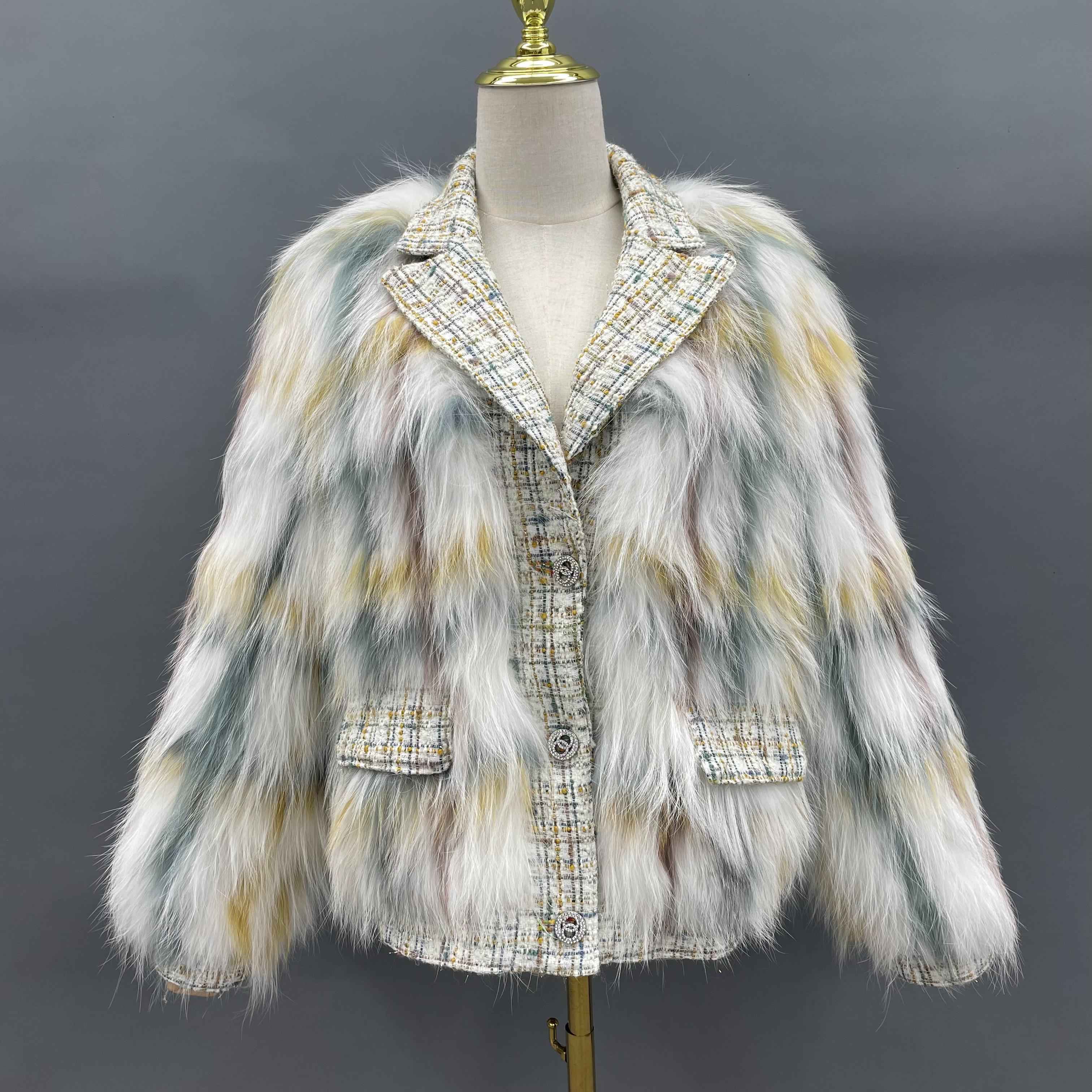Women's Luxurious Raccoon Dog Fur Jacket with Chanel-Style Tweed & Notched Lapel - Knitted Winter Outerwear