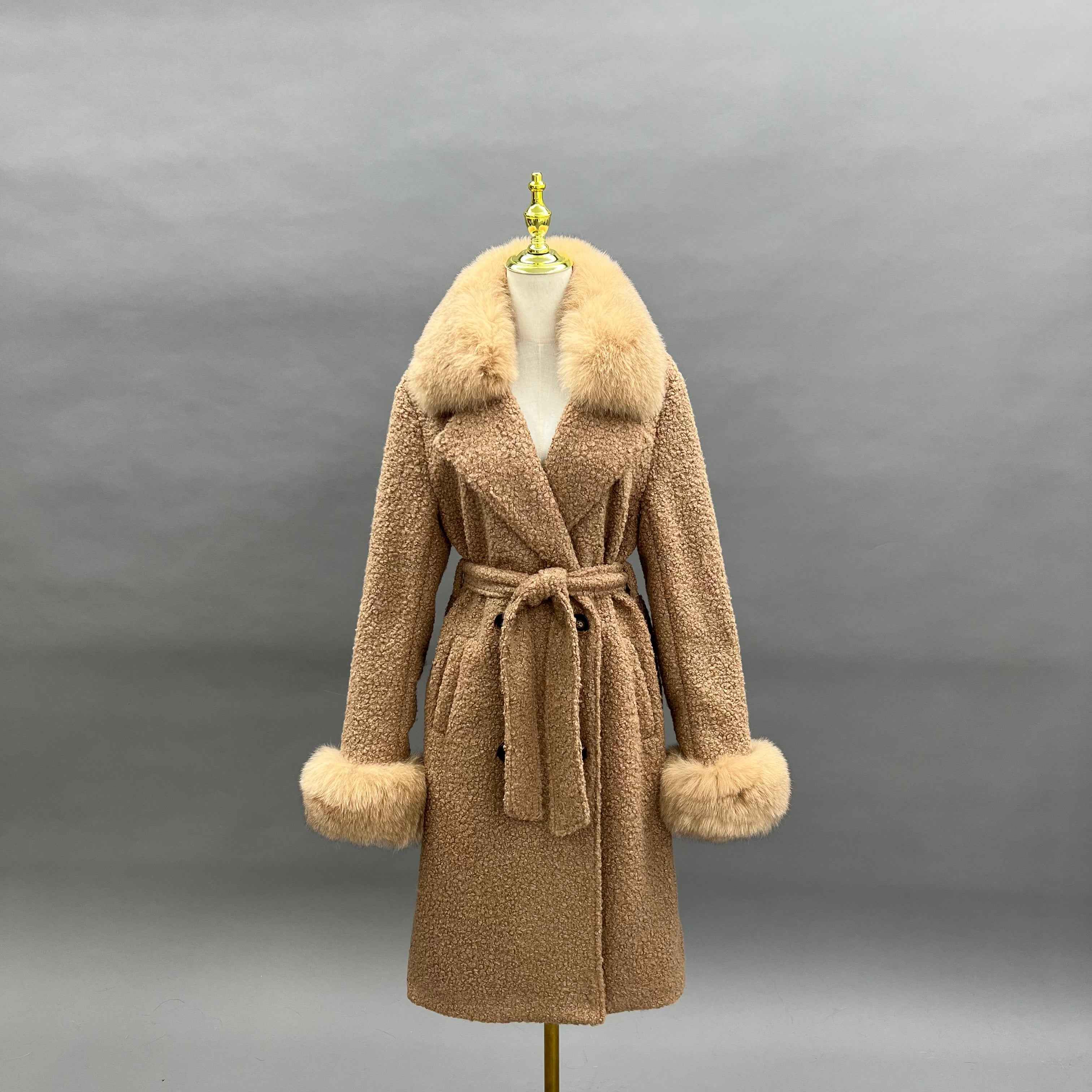 Women's Single - Faced Cashmere Coat with Faux Fur Collar and Cuffs, Belted Winter Outerwear